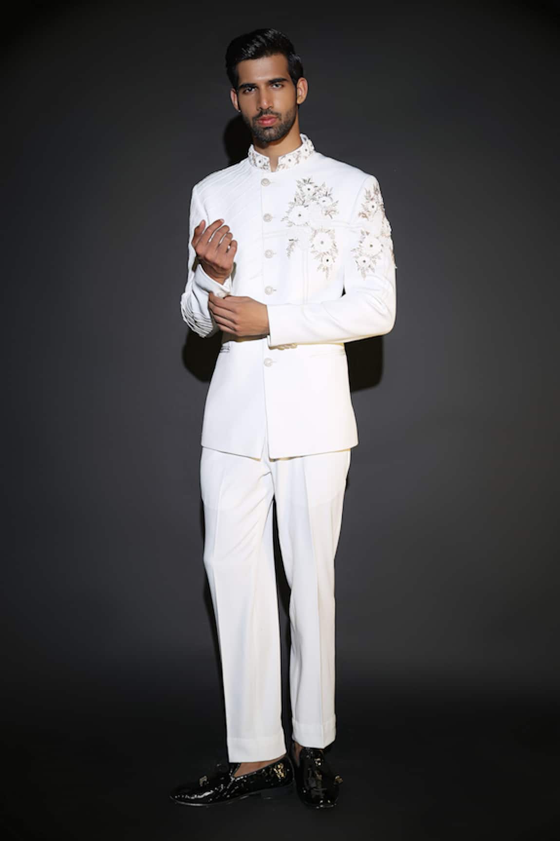 Courtyard By Abhi White Japanese Lycra Bandhgala Set 