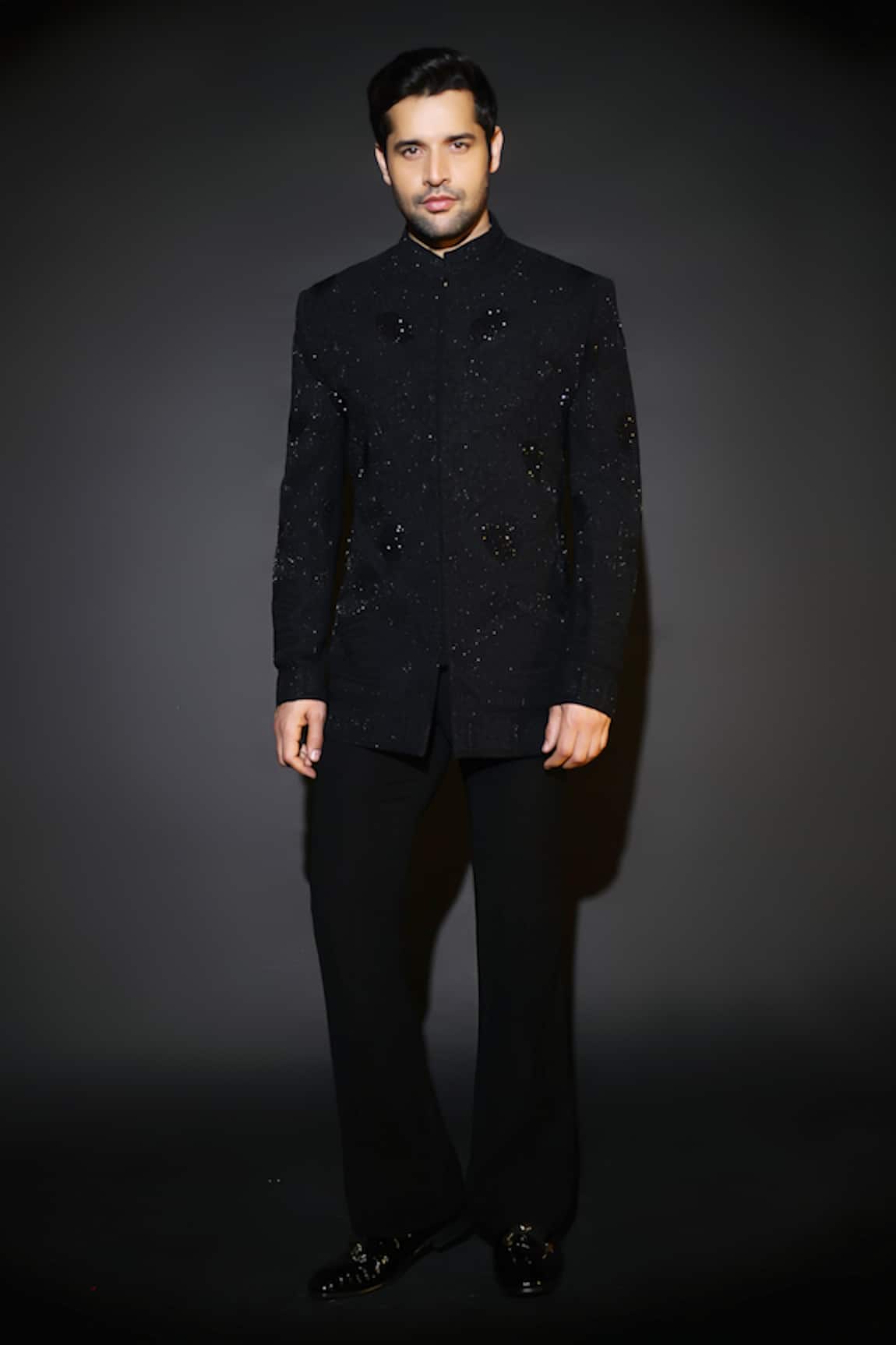 Courtyard By Abhi Black Japanese Lycra Bandhgala Set 