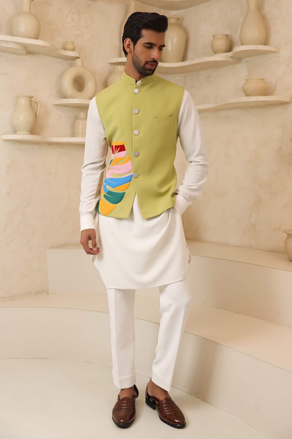 Courtyard By Abhi Olive Green Nehru Jacket & Kurta Set 