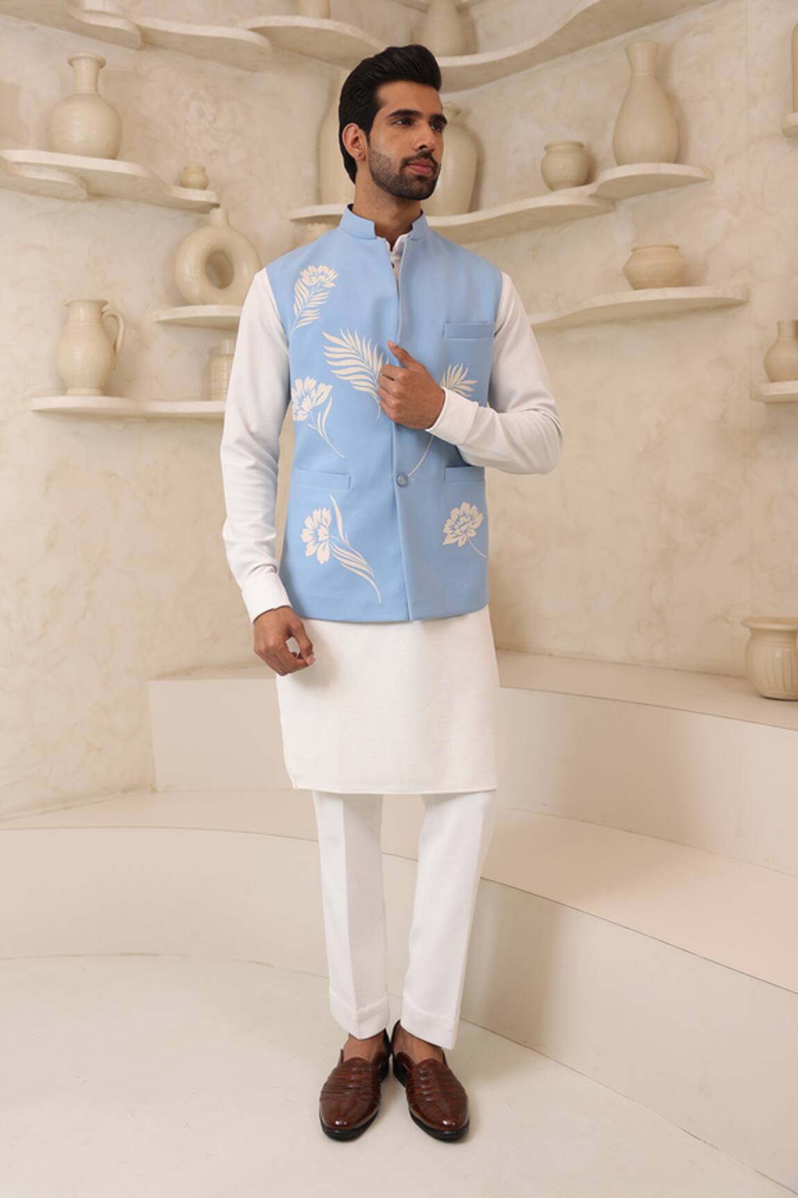 Courtyard By Abhi Sky Blue Handcrafted Nehru Jacket & Kurta Set 