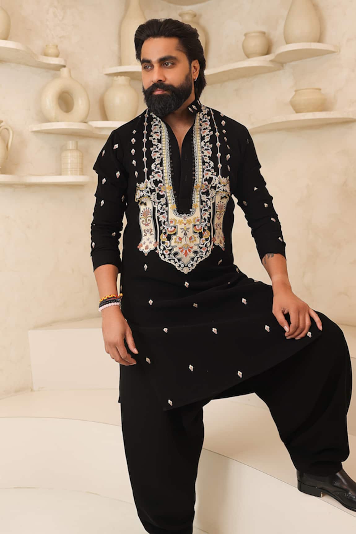 Courtyard By Abhi Black Handcrafted Kurta Pyjama Set 