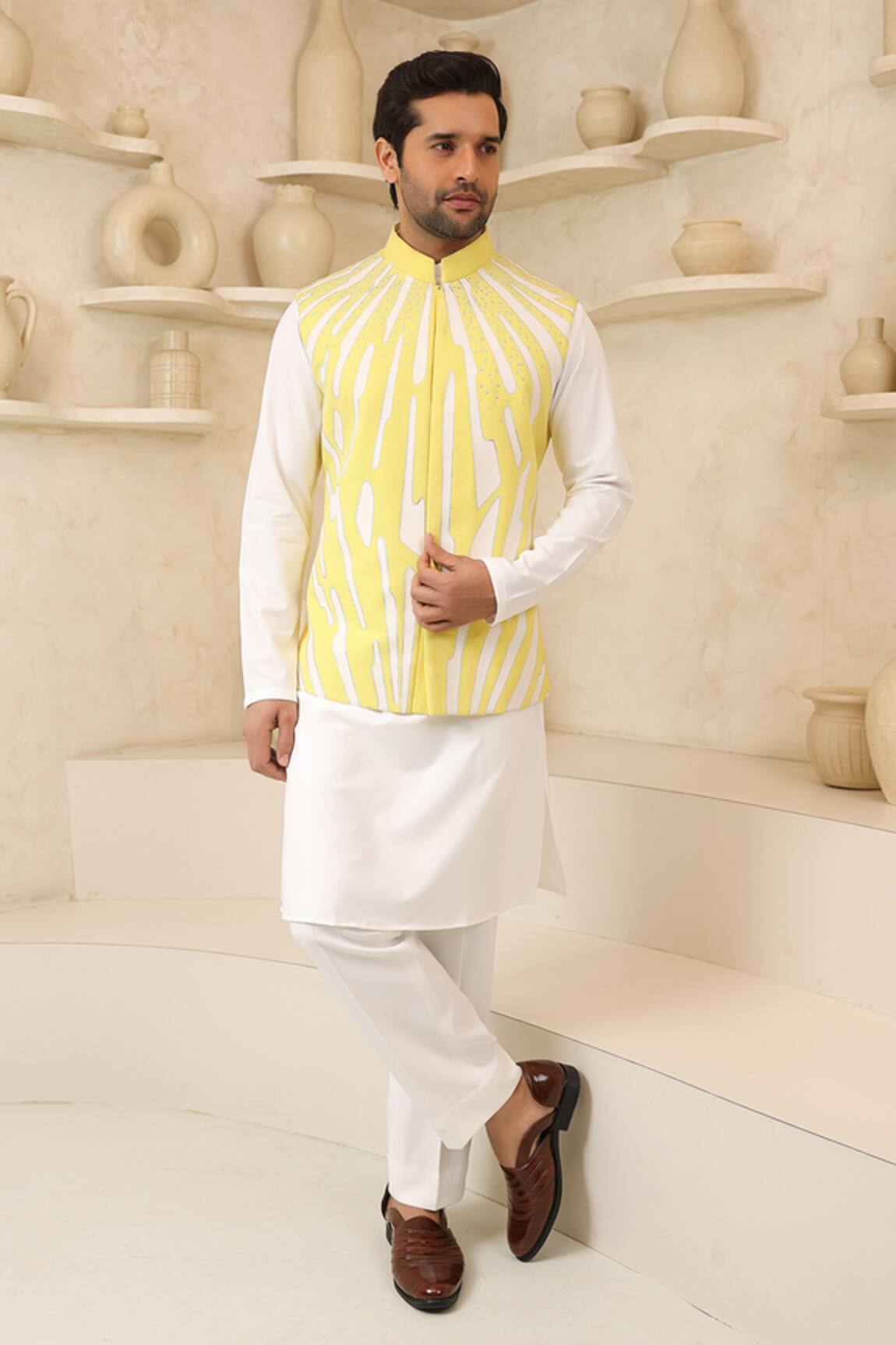Courtyard by abhi Yellow Handcrafted Nehru Jacket & Kurta Set 