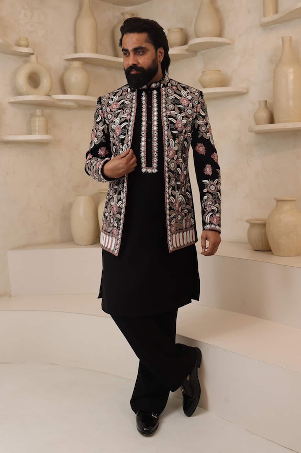 Courtyard By Abhi Black Handcrafted Kurta Pyjama Set 