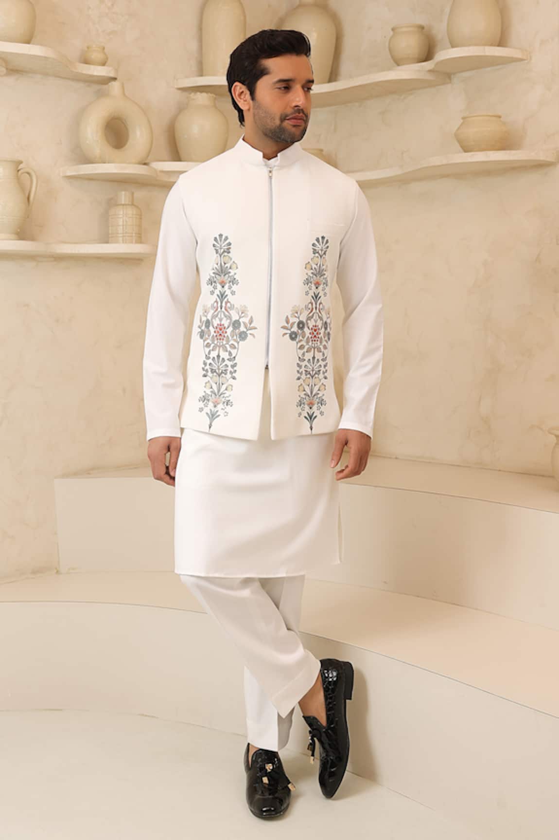 Courtyard By Abhi Ivory Handcrafted Nehru Jacket & Kurta Set 