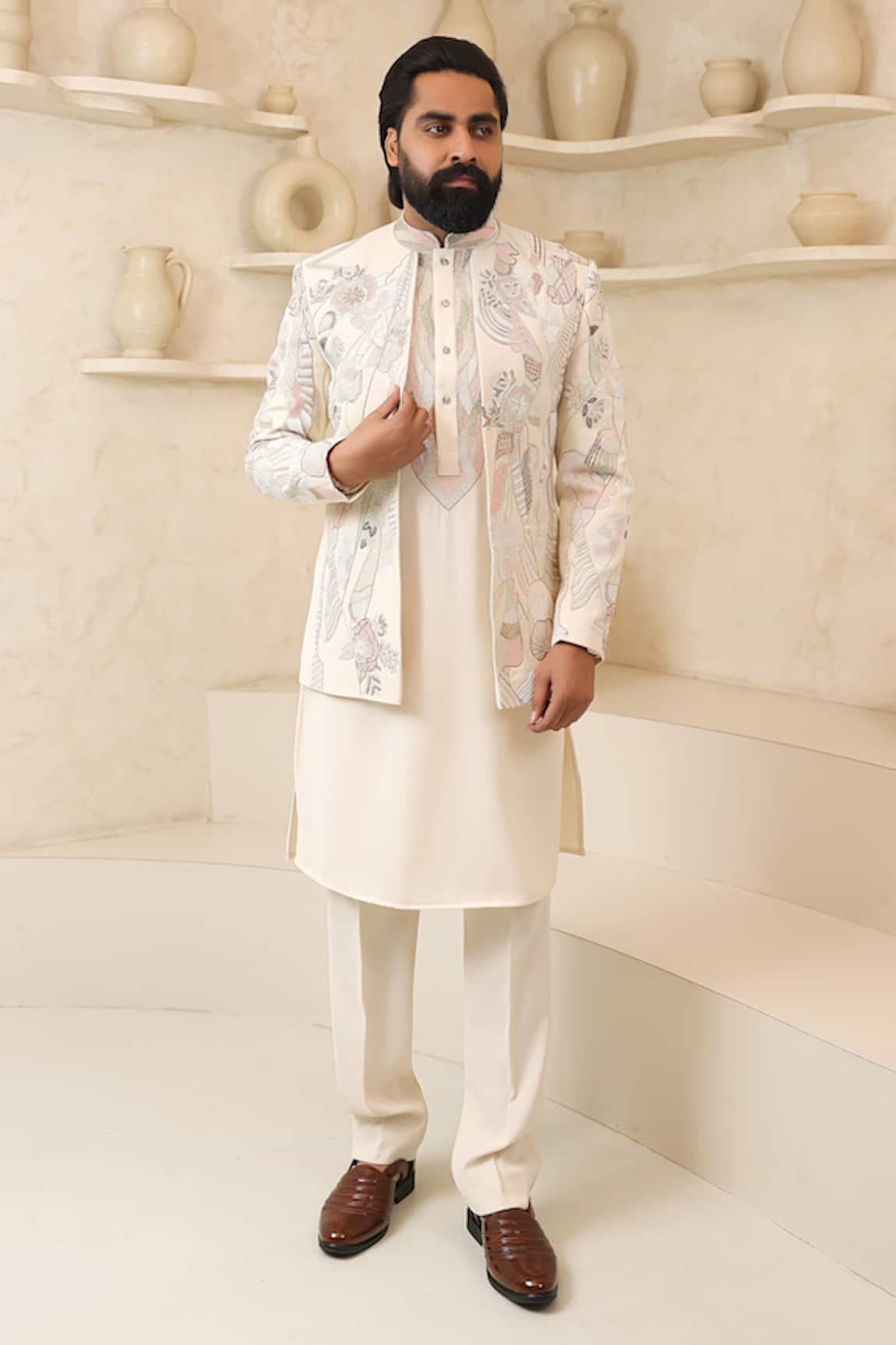 Courtyard By Abhi Ivory Handcrafted Jacket Kurta Set 