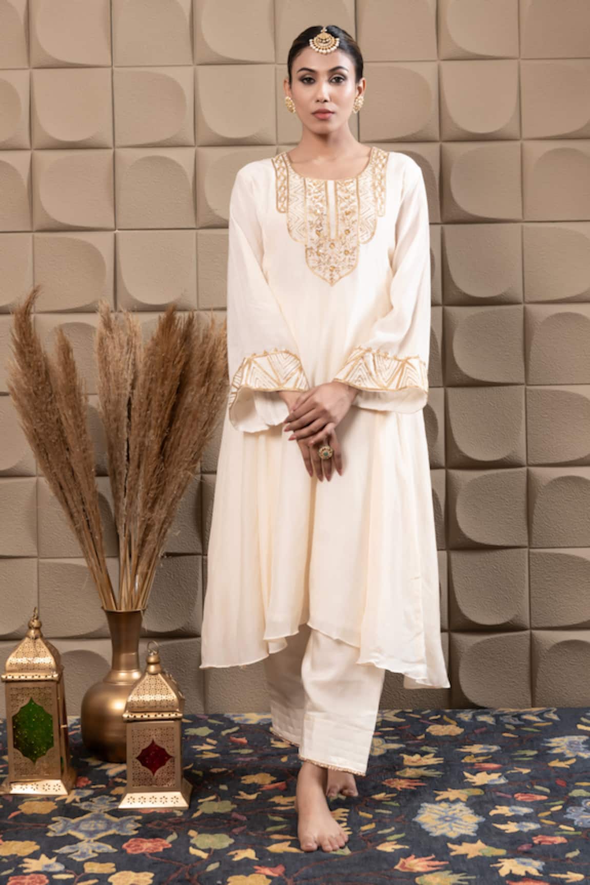 LABEL FLAMINGO BY VRINDA Ivory Zardozi Embroidered Kurta Pant Set 