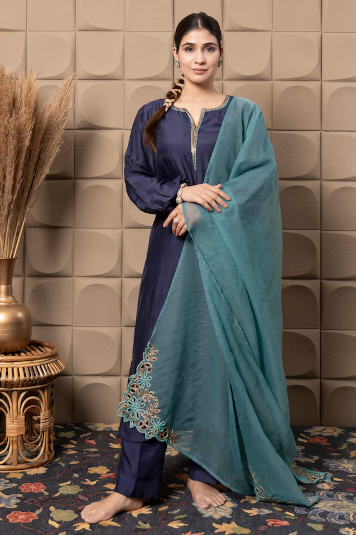 LABEL FLAMINGO BY VRINDA Blue Zardozi Embroidered Kurta Set 