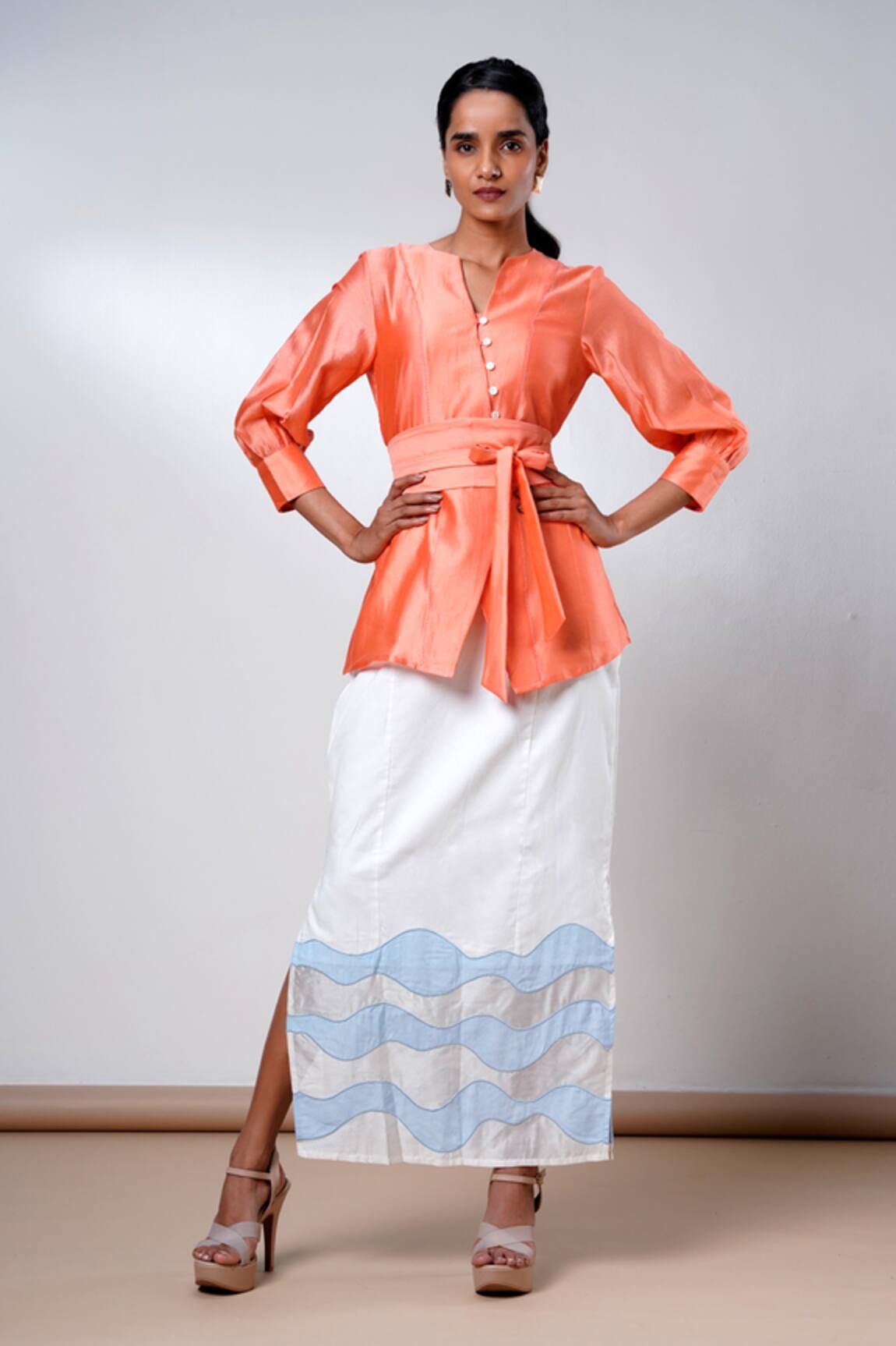 Madder Much Tangerine Wrap Top & Denim Skirt Set 