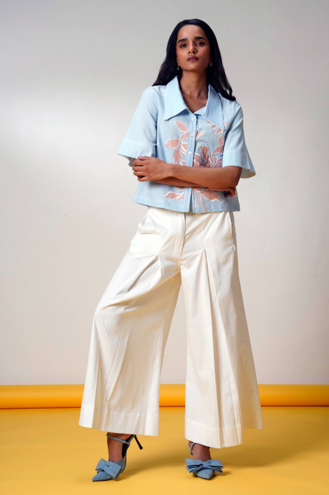 Madder Much Ice Blue Embroidered Top & Wide-Leg Pant Set 