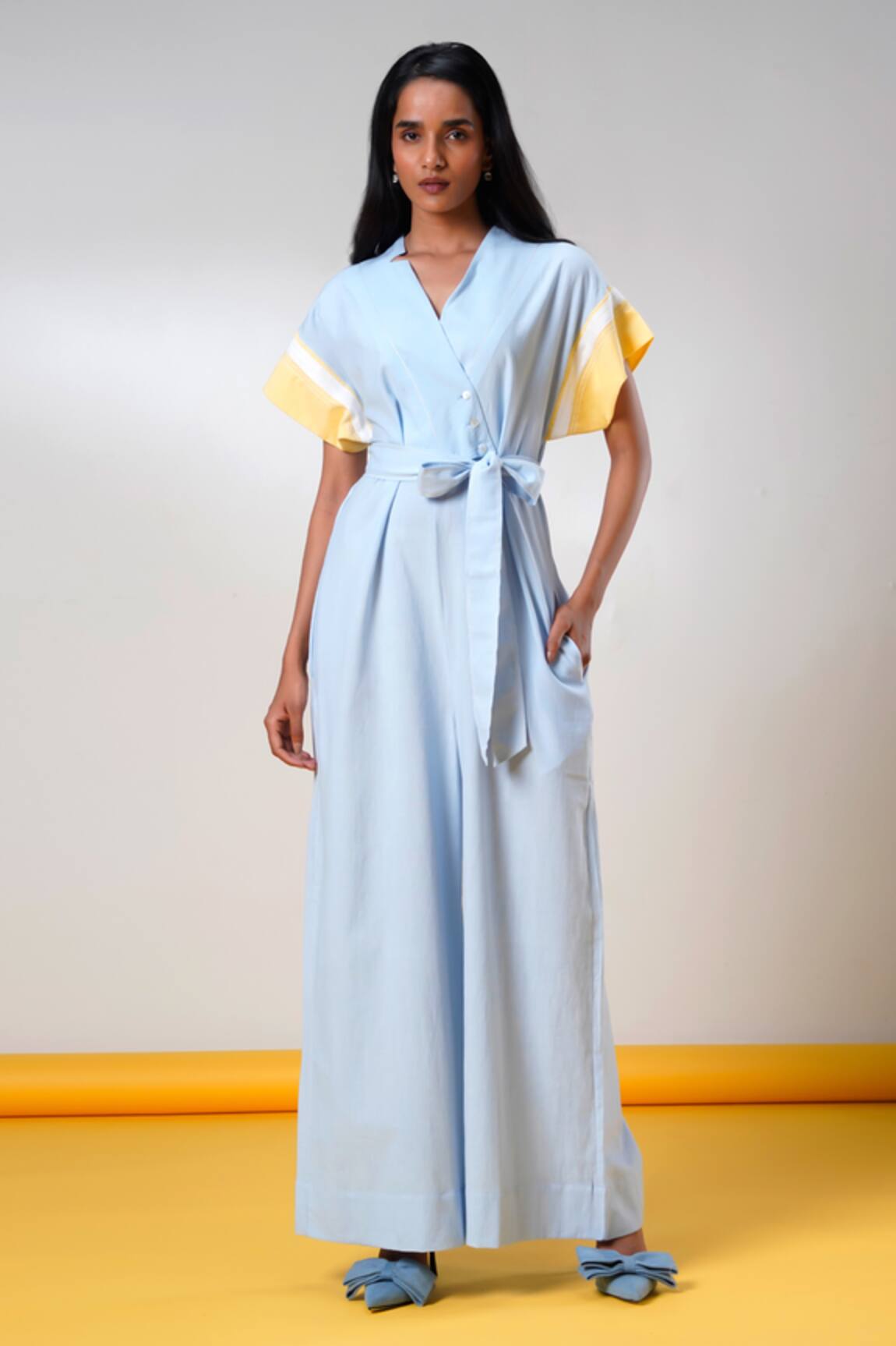 Madder Much Ice Blue Handloom Cotton Jumpsuit & Belt 