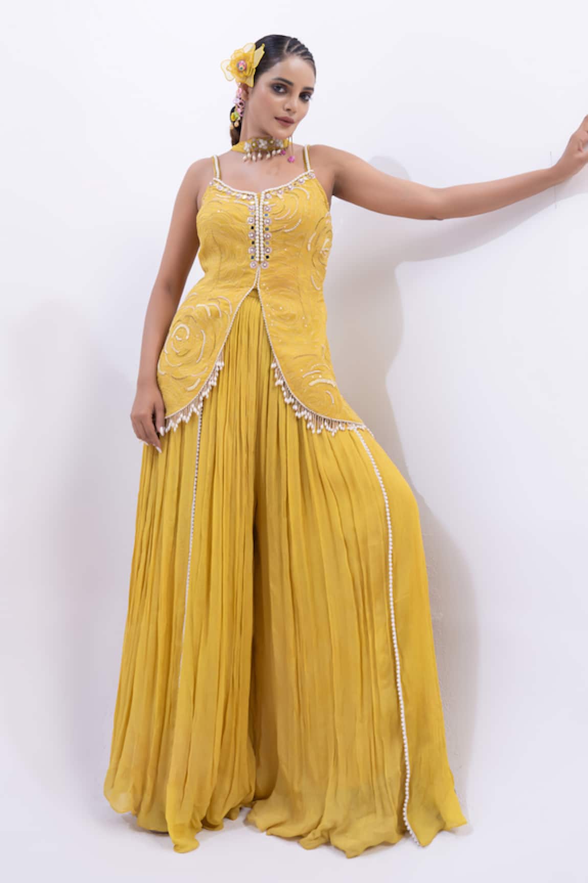 Merge Design Yellow Mirror Work Peplum Kurta Set 