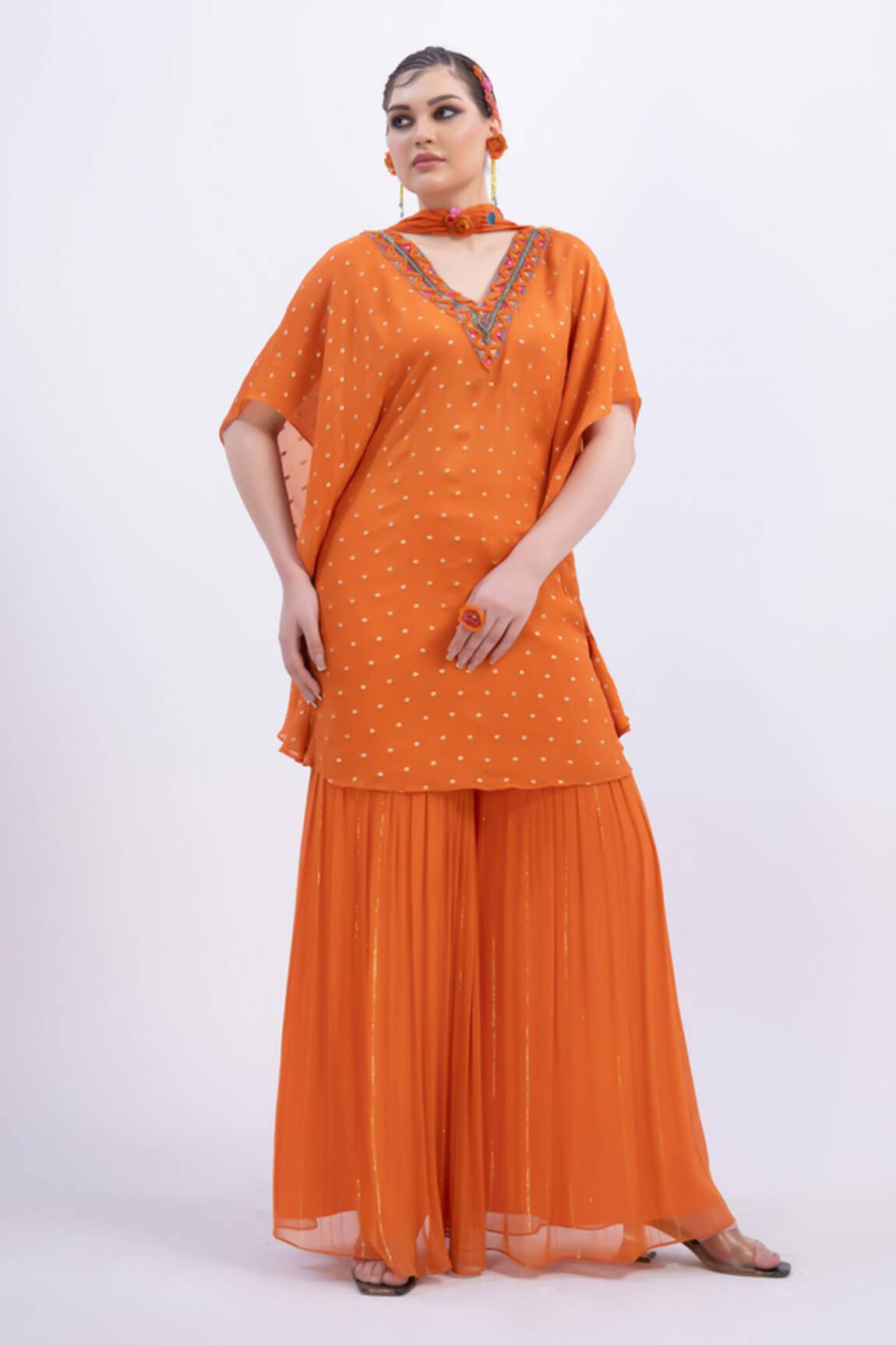 Merge Design Orange Mirror Work Kaftan Kurta Set 