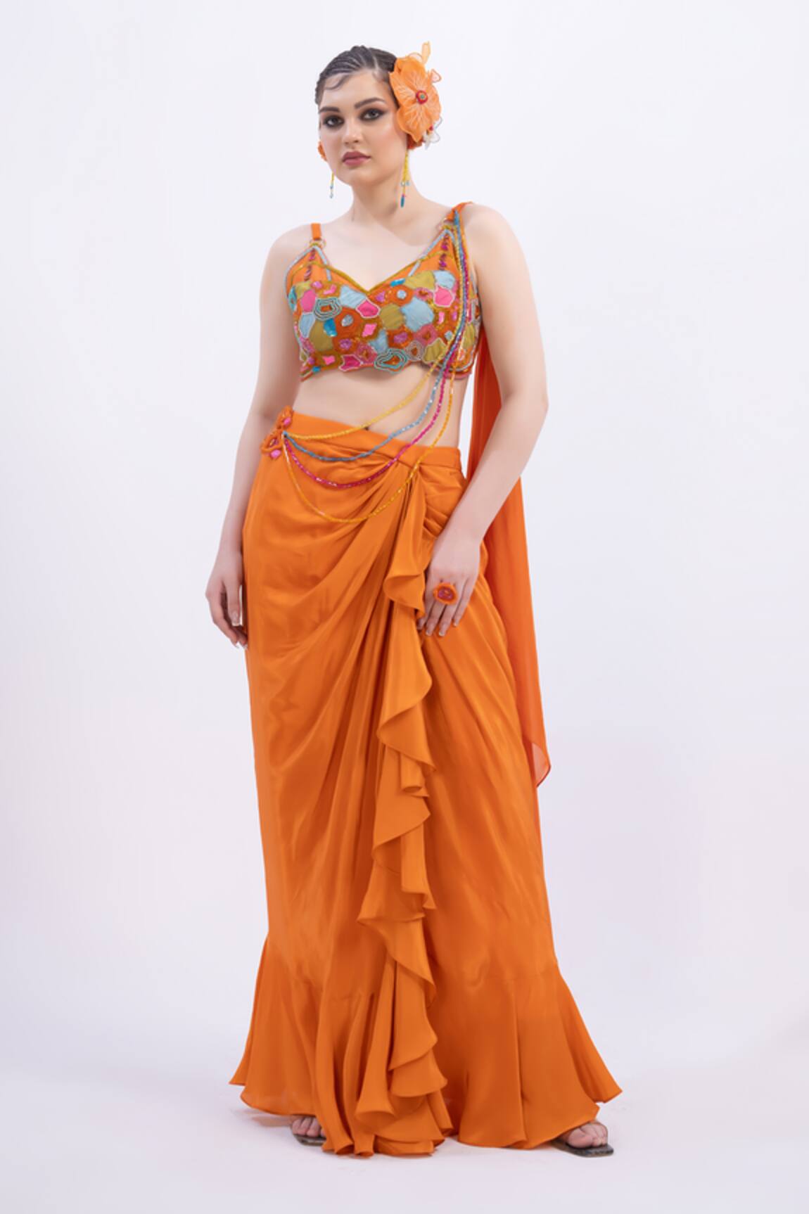 Merge Design Orange Applique Embroidered Top & Dhoti Skirt 