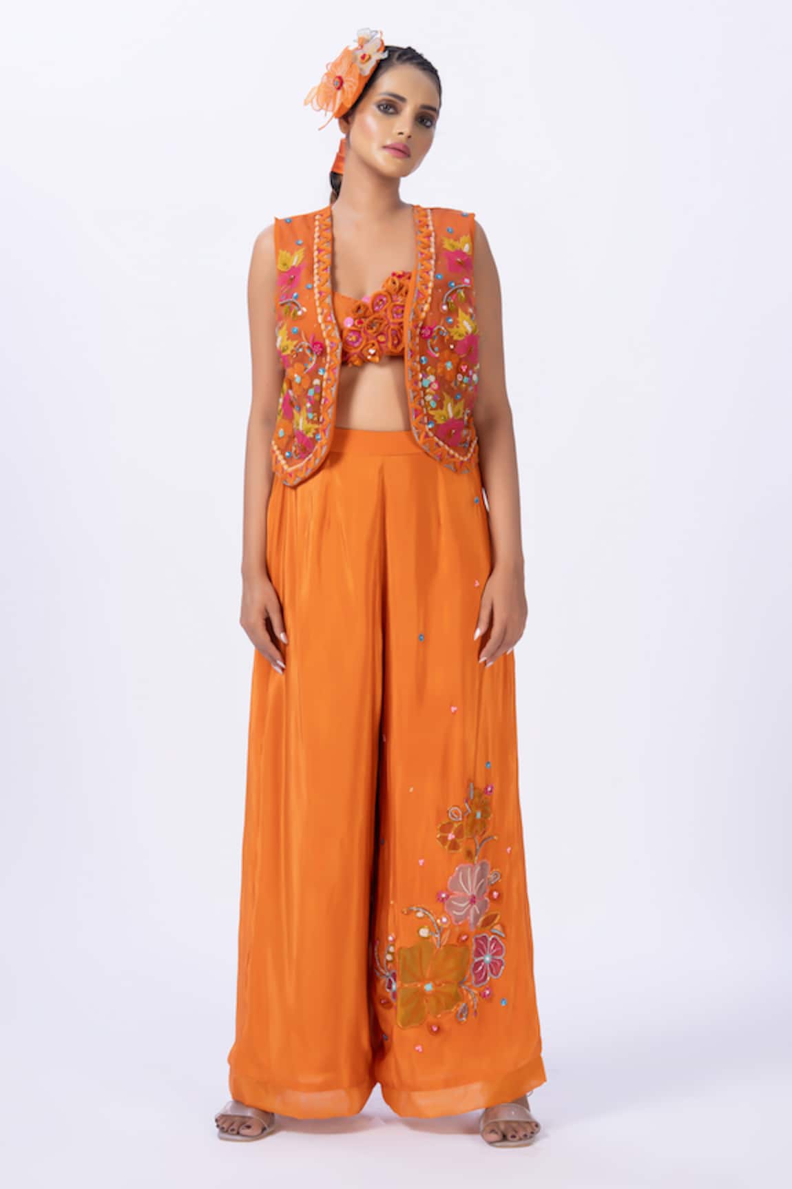 Merge Design Orange Applique Embroidered Blouse & Pant Set 