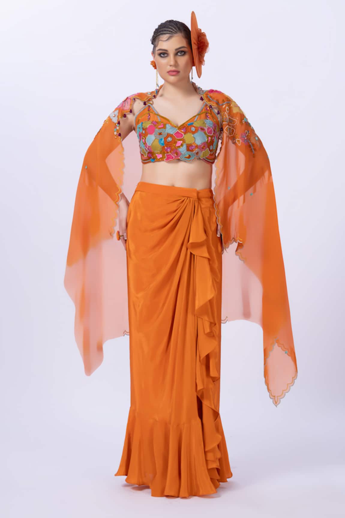 Merge Design Orange Applique Embellished Dhoti Set 