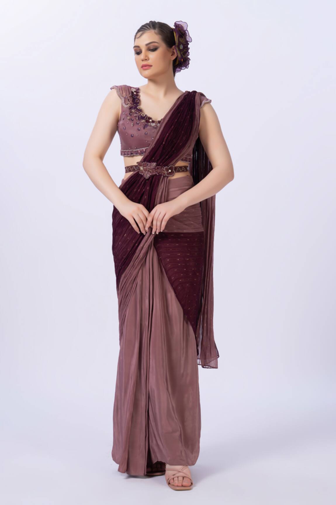 Merge Design Wine Applique Embroidered Blouse & Saree Set 