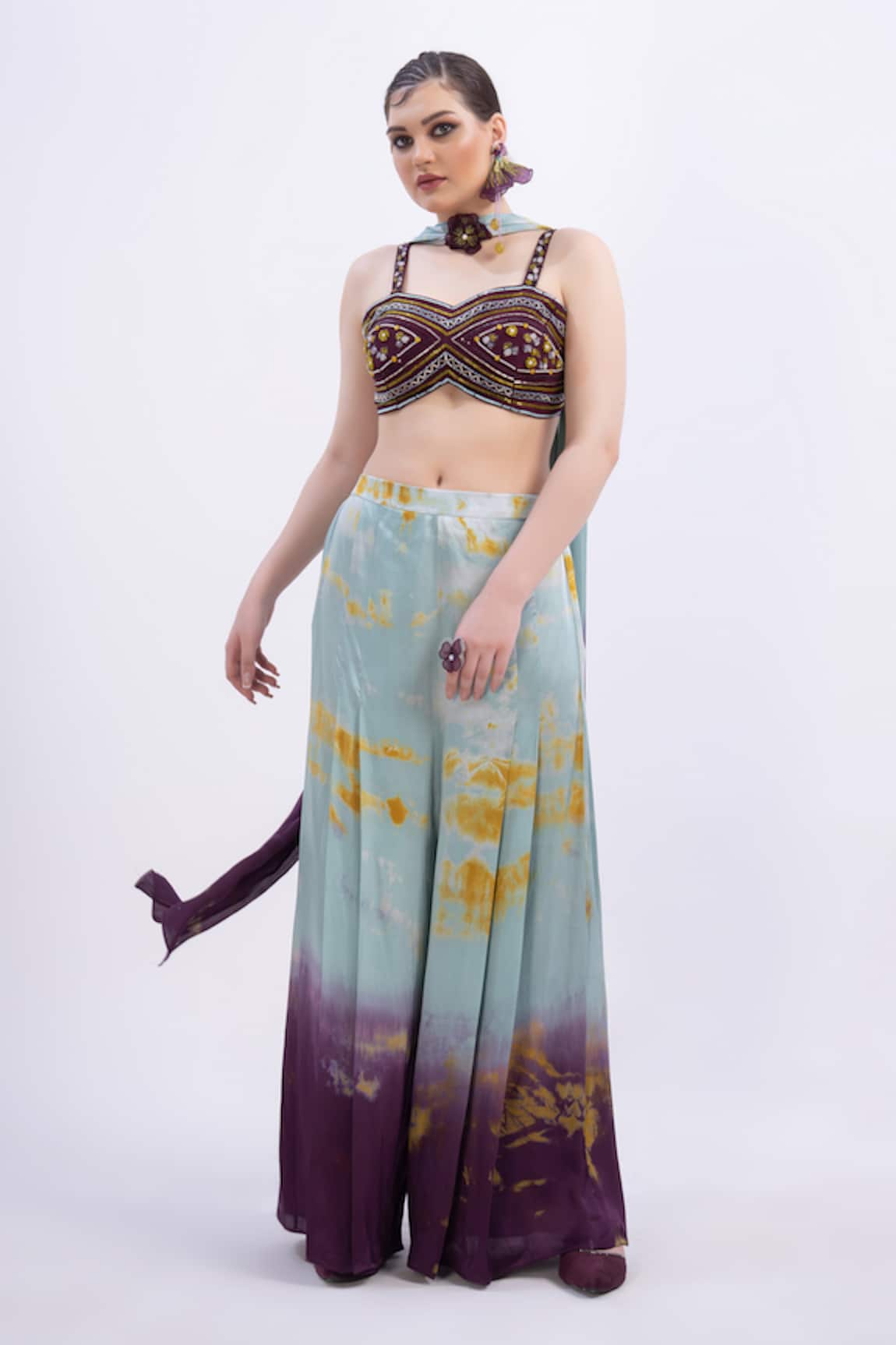 Merge Design Wine Sequin Embroidered Crop Top Set 