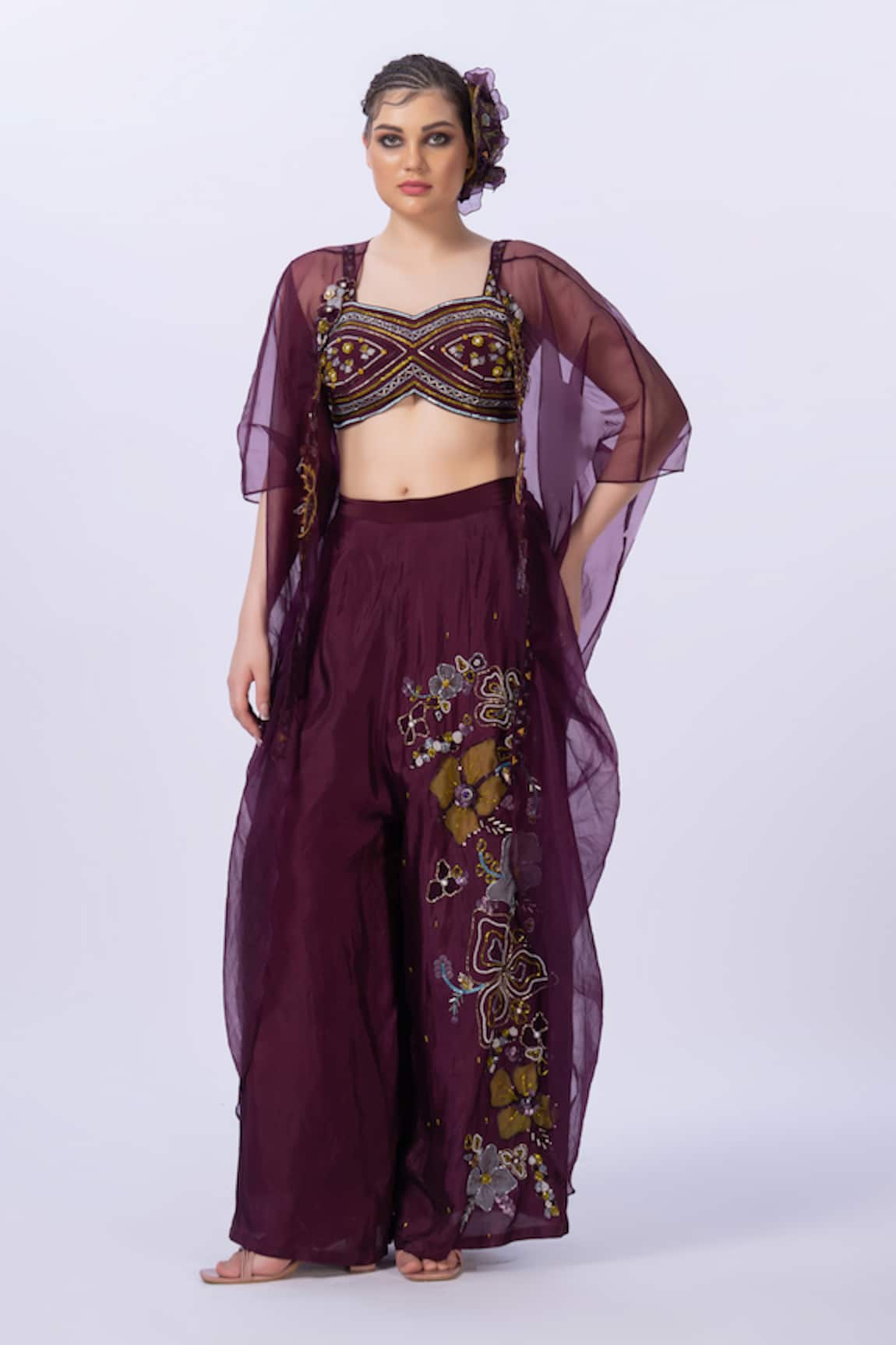 Merge Design Wine Sequin Embroidered Blouse & Pant Set 