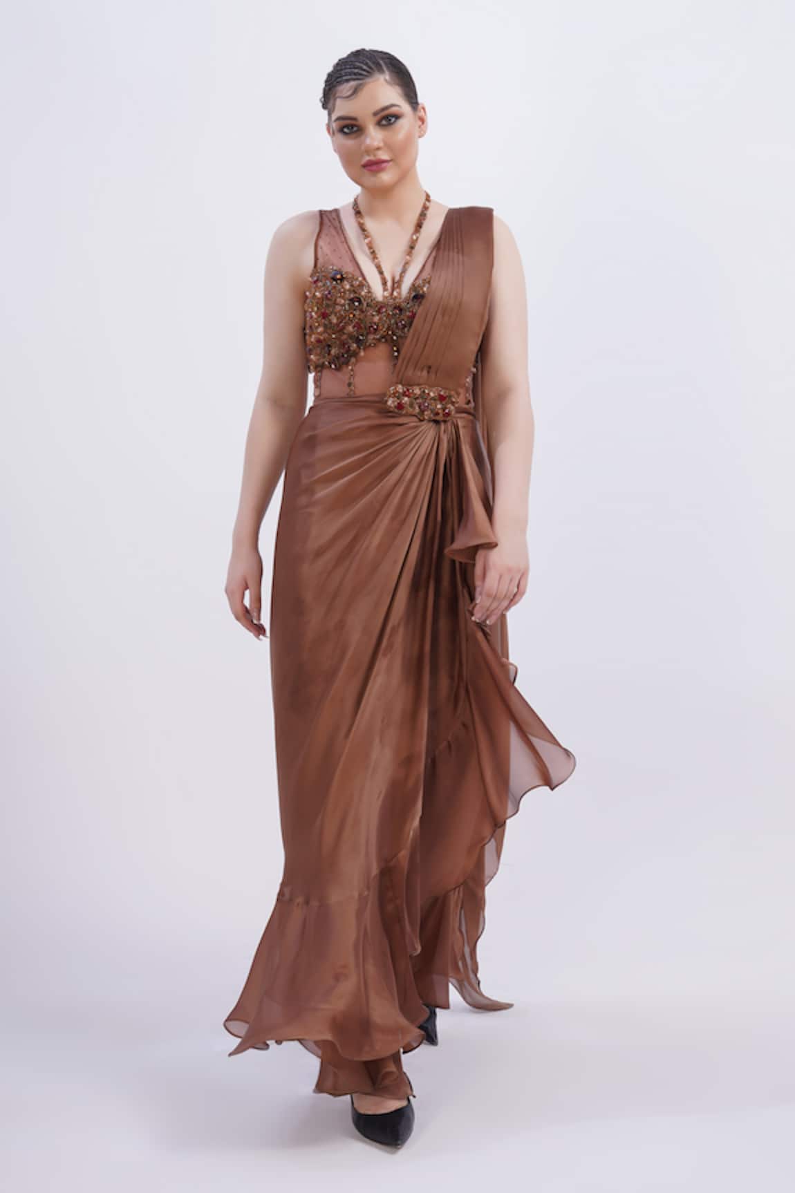 Merge Design Beige Sequin Embroidered Saree Set 