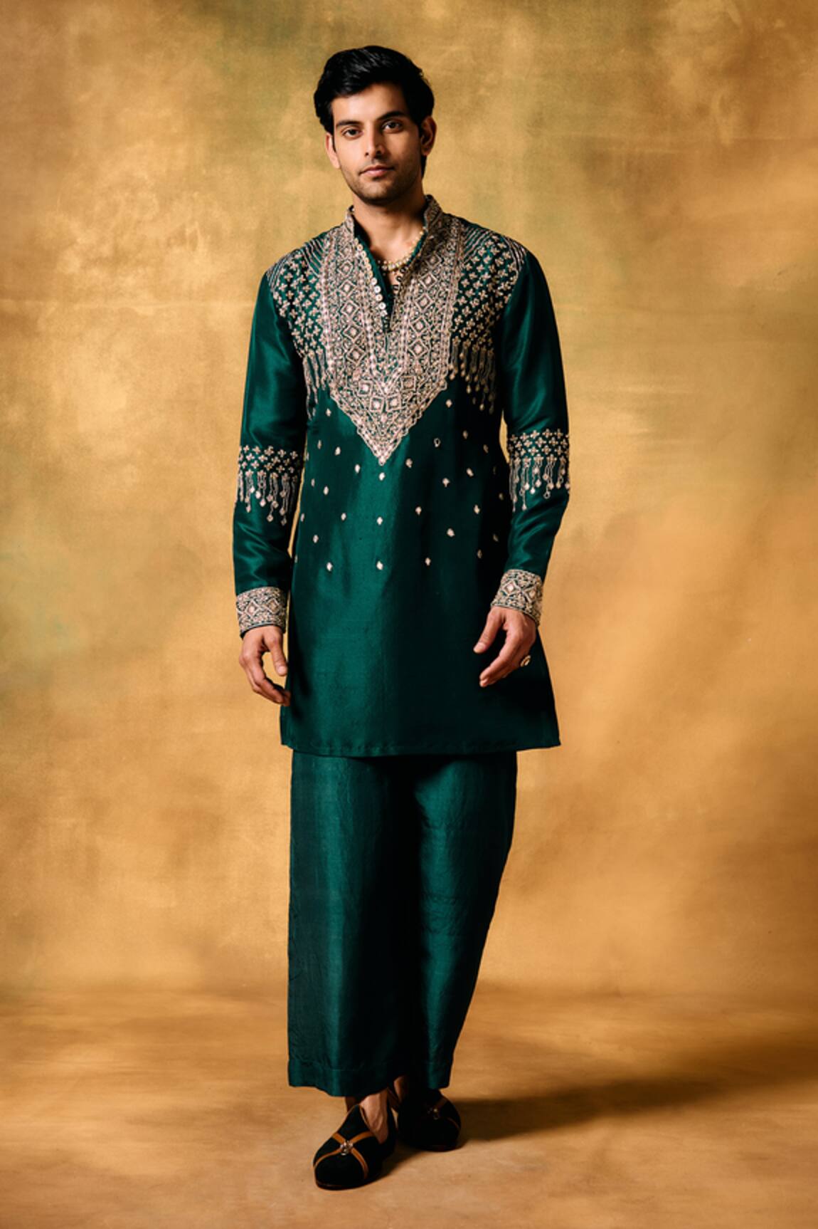 MUKTI AND KAVITH CASA Emerald Kora Silk Kurta Palazzo Set 