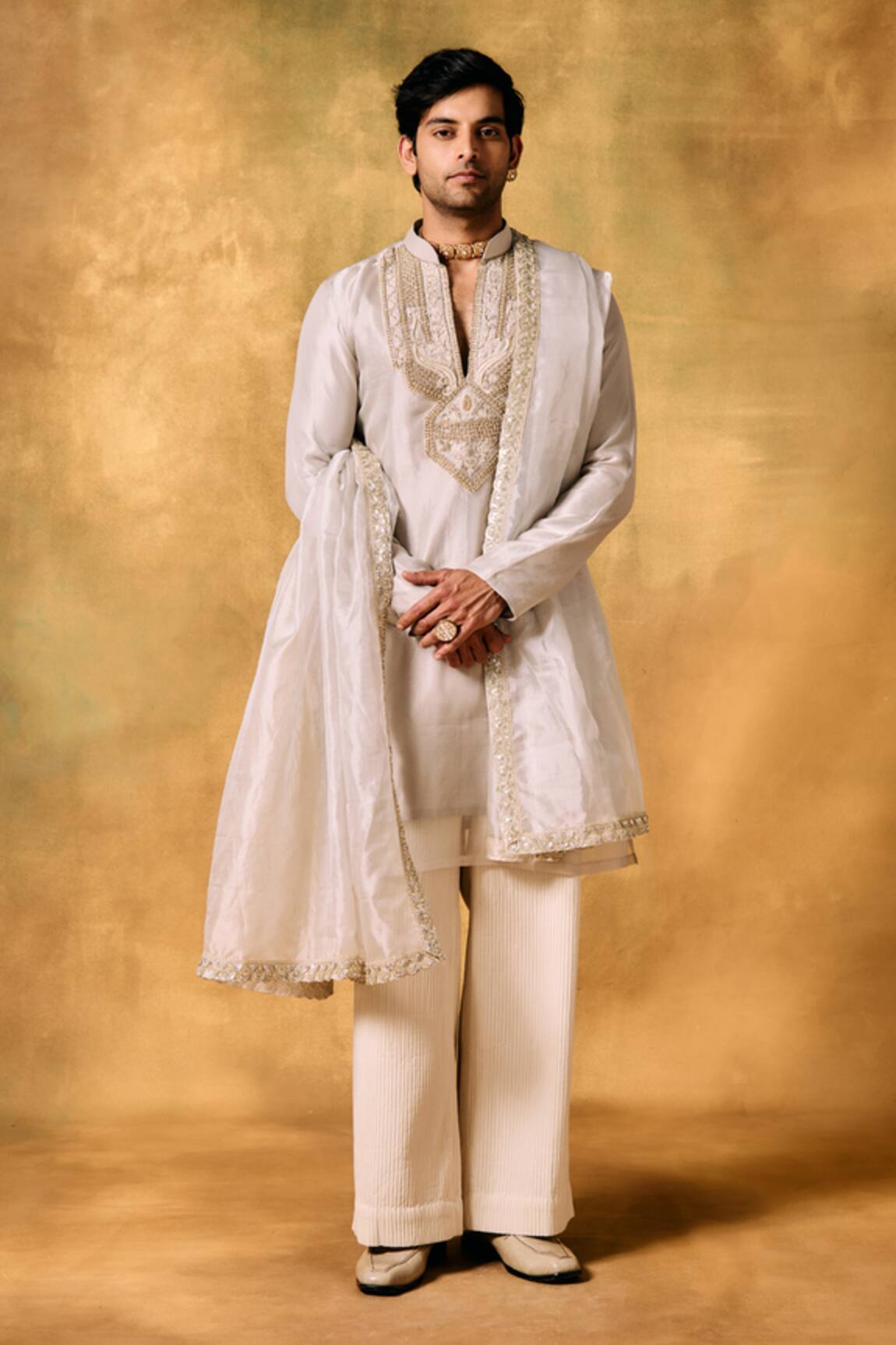 MUKTI AND KAVITH CASA Ivory Elegance Tissue Kurta Pant Set 