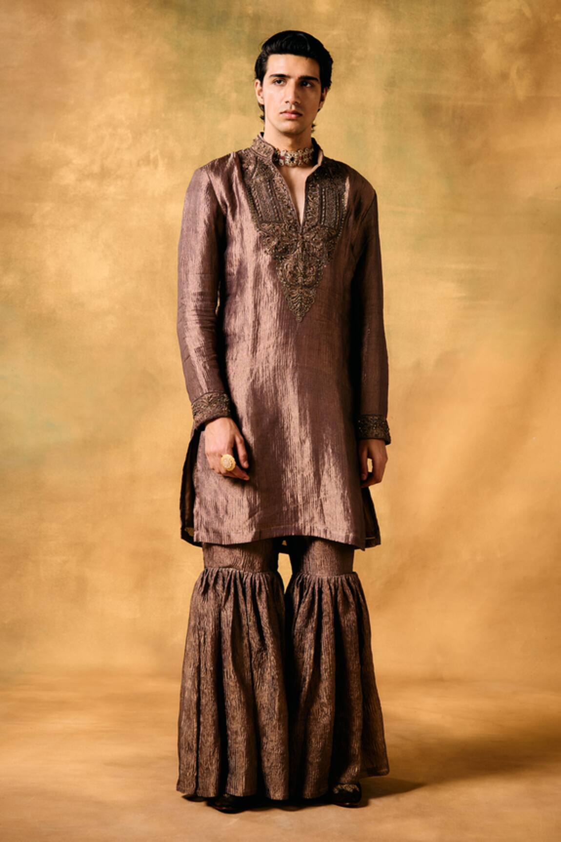 MUKTI AND KAVITH CASA Designer Tan Tissue Kurta Sharara Set 