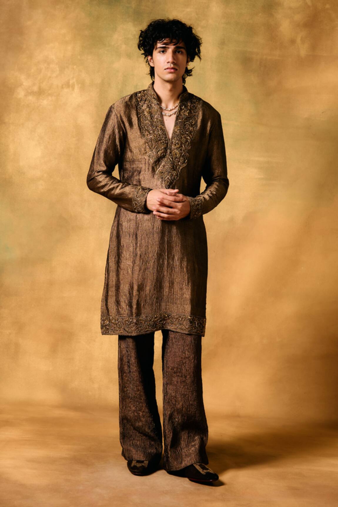 MUKTI AND KAVITH CASA Mocha Rustle Tissue Kurta Set 