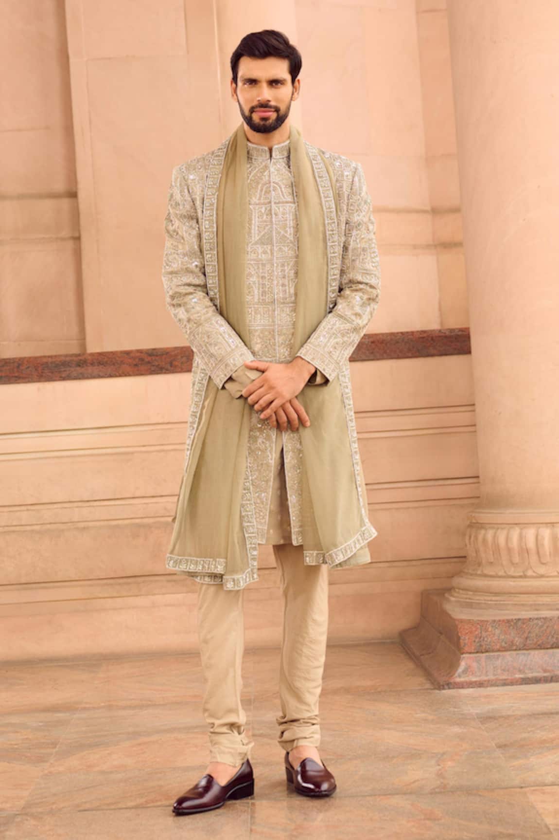 MUKTI AND KAVITH CASA Light Green Tissue Hand Embroidered Sherwani Set 