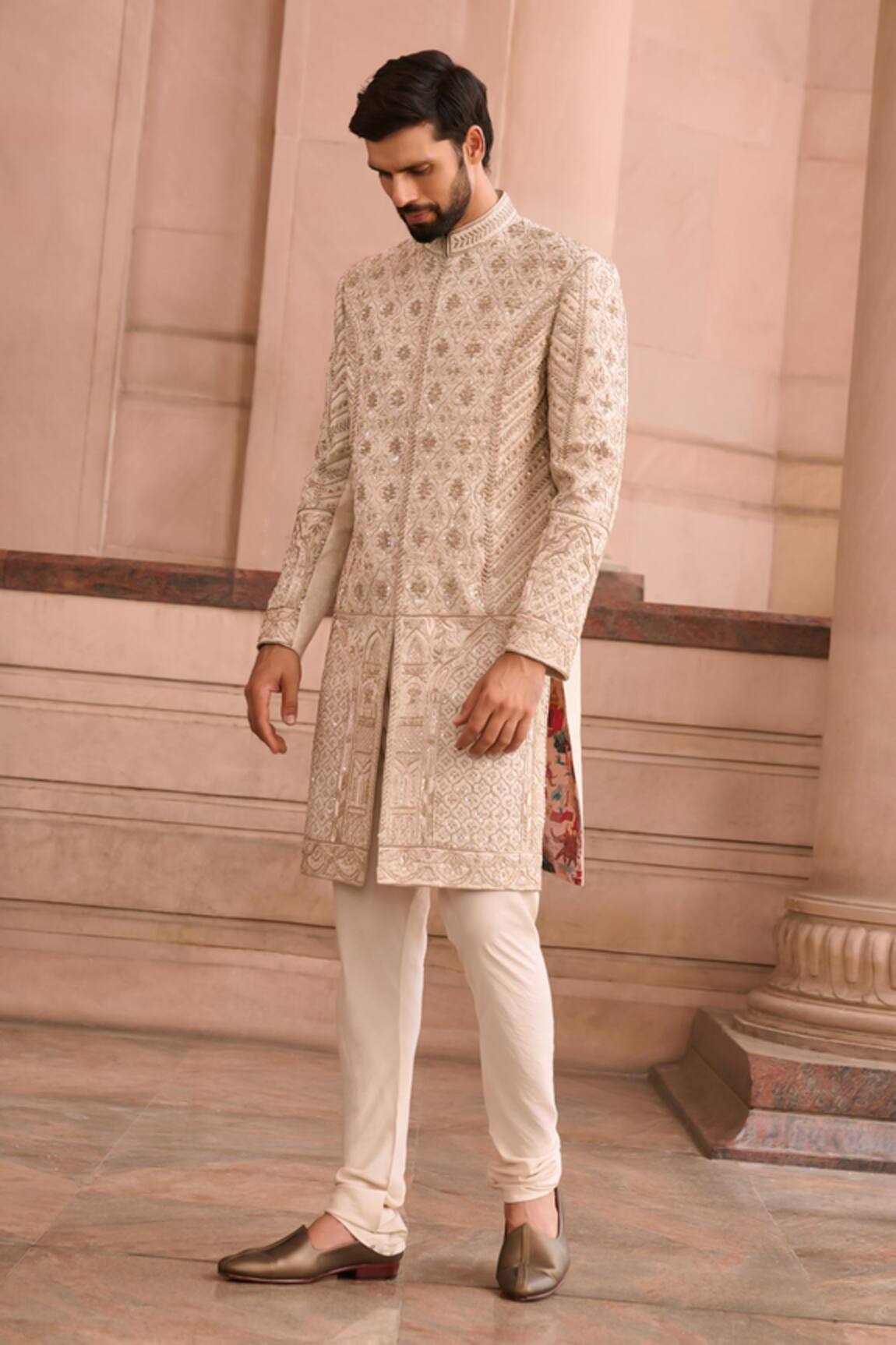 MUKTI AND KAVITH CASA Beige Brocade Sherwani Set 