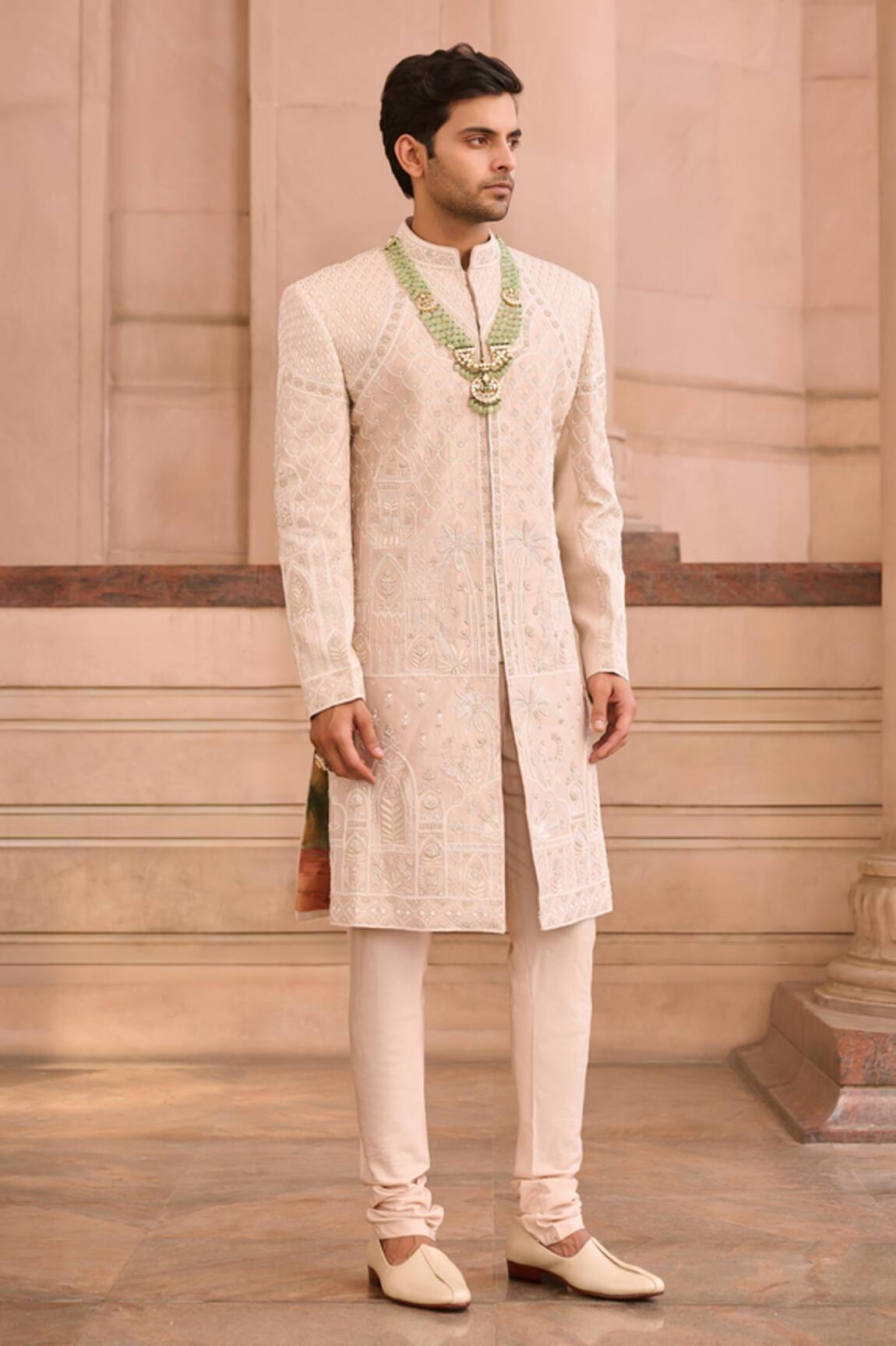 MUKTI AND KAVITH CASA Powder Pink Silk Embroidered Sherwani Set 
