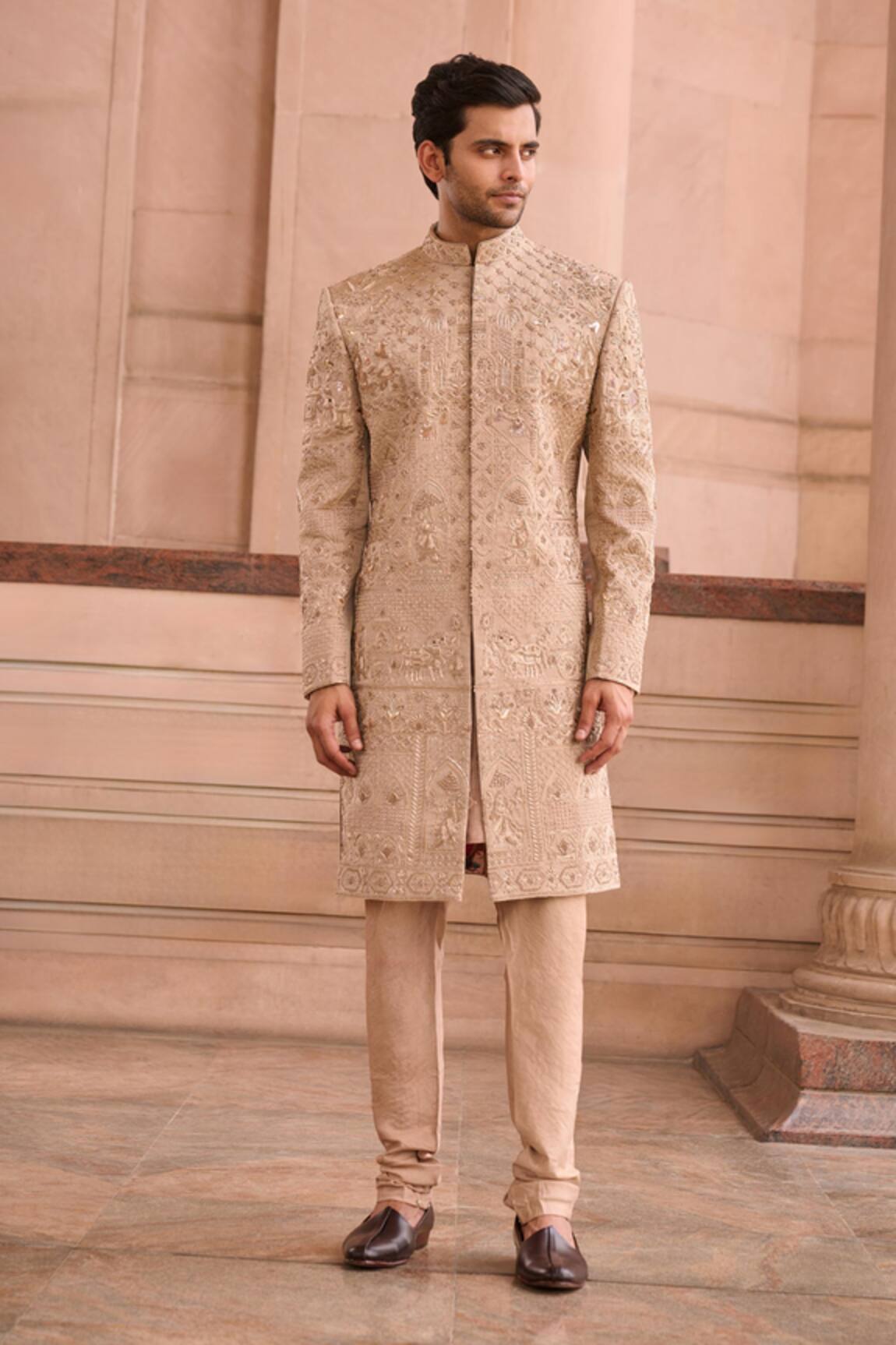 MUKTI AND KAVITH CASA Classic Golden Chanderi Sherwani Set 
