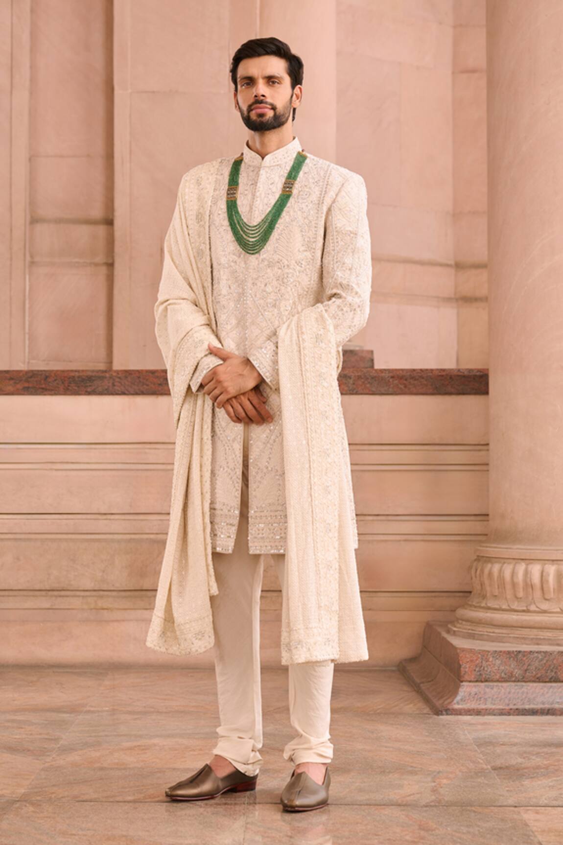 MUKTI AND KAVITH CASA Ivory Raw Silk Wedding Sherwani Set 