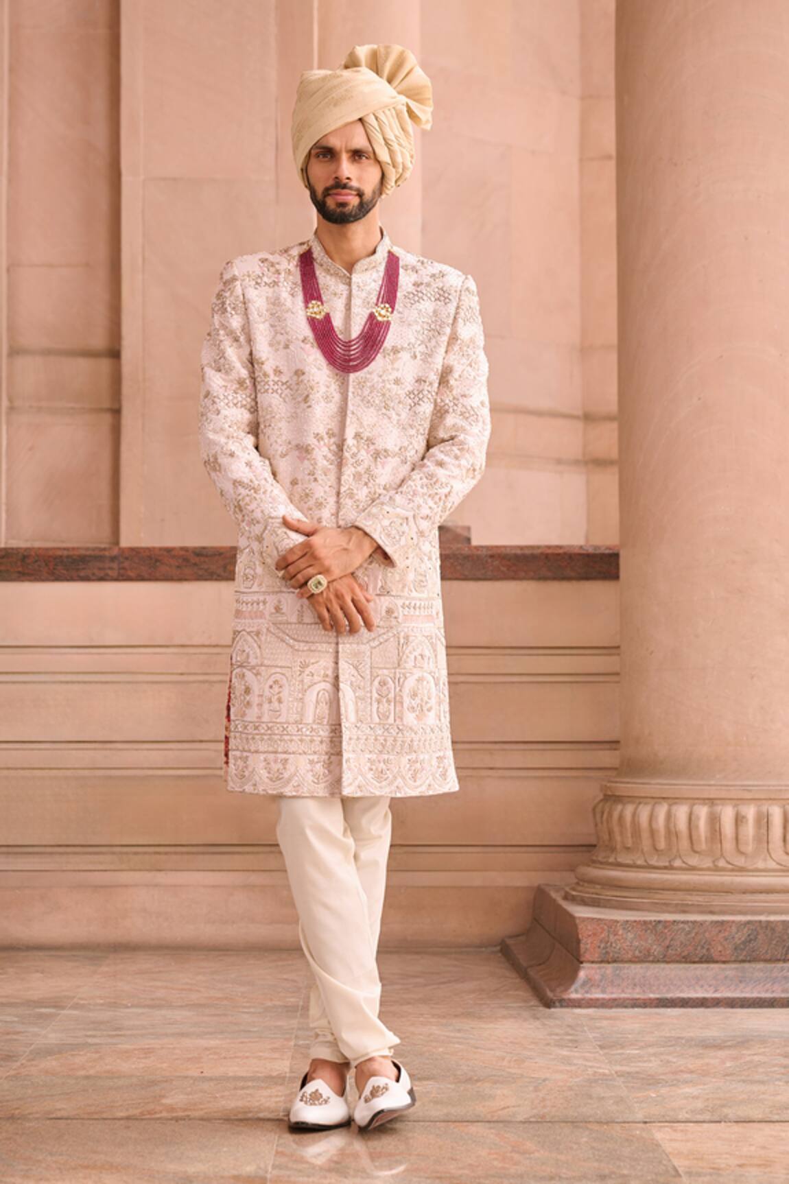 MUKTI AND KAVITH CASA Royal Pink Raw Silk Sherwani Set 