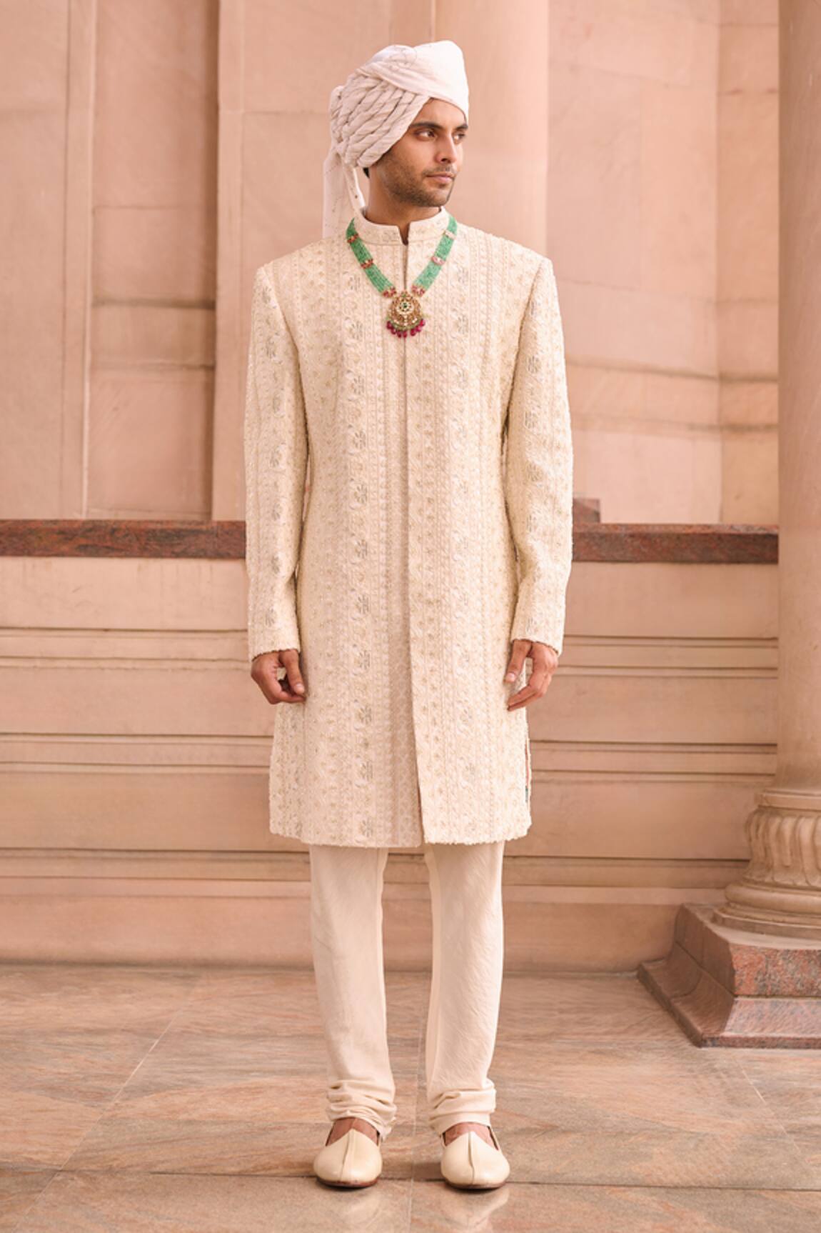 MUKTI AND KAVITH CASA Ivory Lucknowi Sherwani Set 