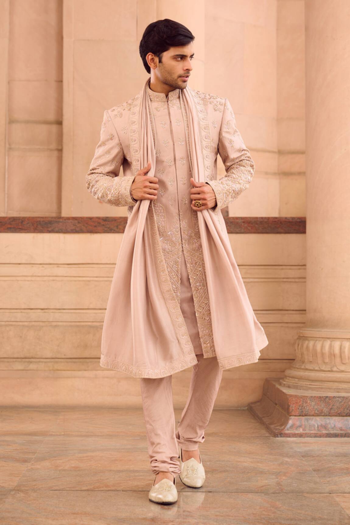 MUKTI AND KAVITH CASA Blush Pink Resham Embroidered Sherwani Set 
