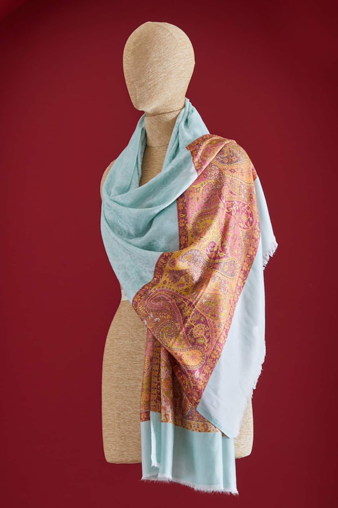 SHAZA Kani Stole in Cyan Blue & Mustard 