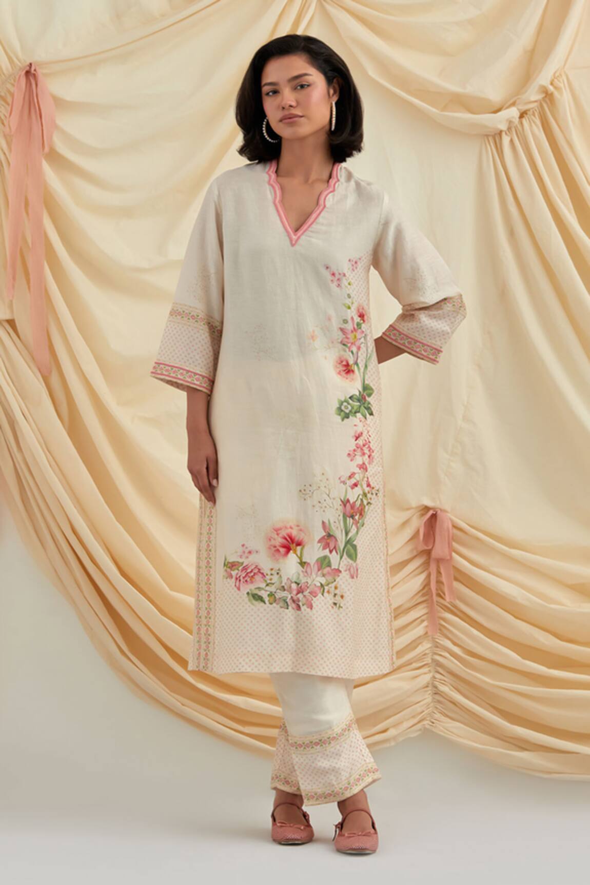 Pozruh by Aiman Beige Floral Bead Embroidered Kurta Set 