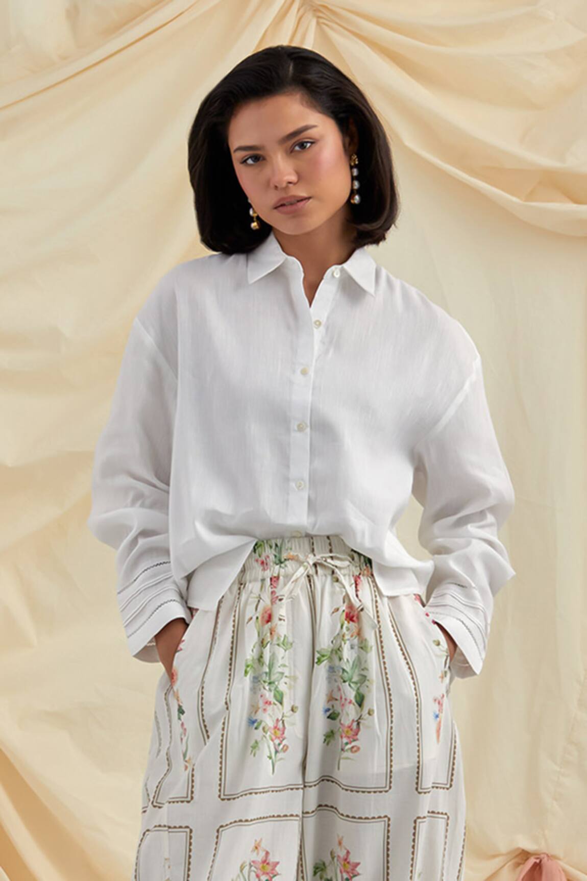 Pozruh by Aiman Designer White Cotton Hemp Lily Shirt 