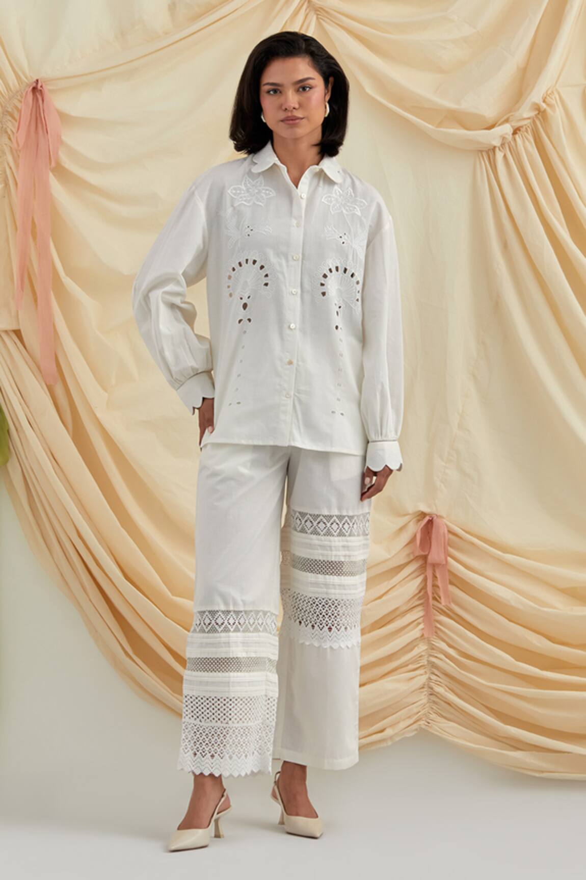 Pozruh by Aiman Embroidered Swan Shirt & Trouser Set 
