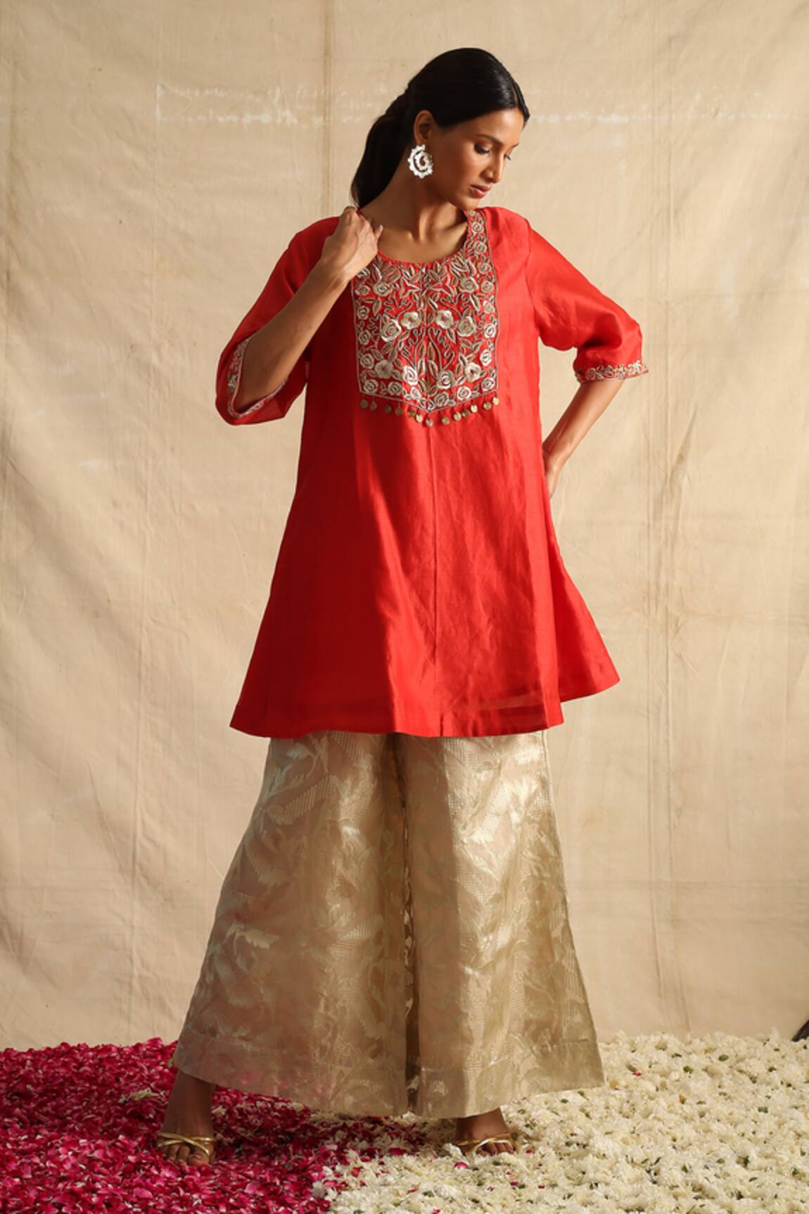 Neitri Embroidered Red Chanderi Kurta Set 