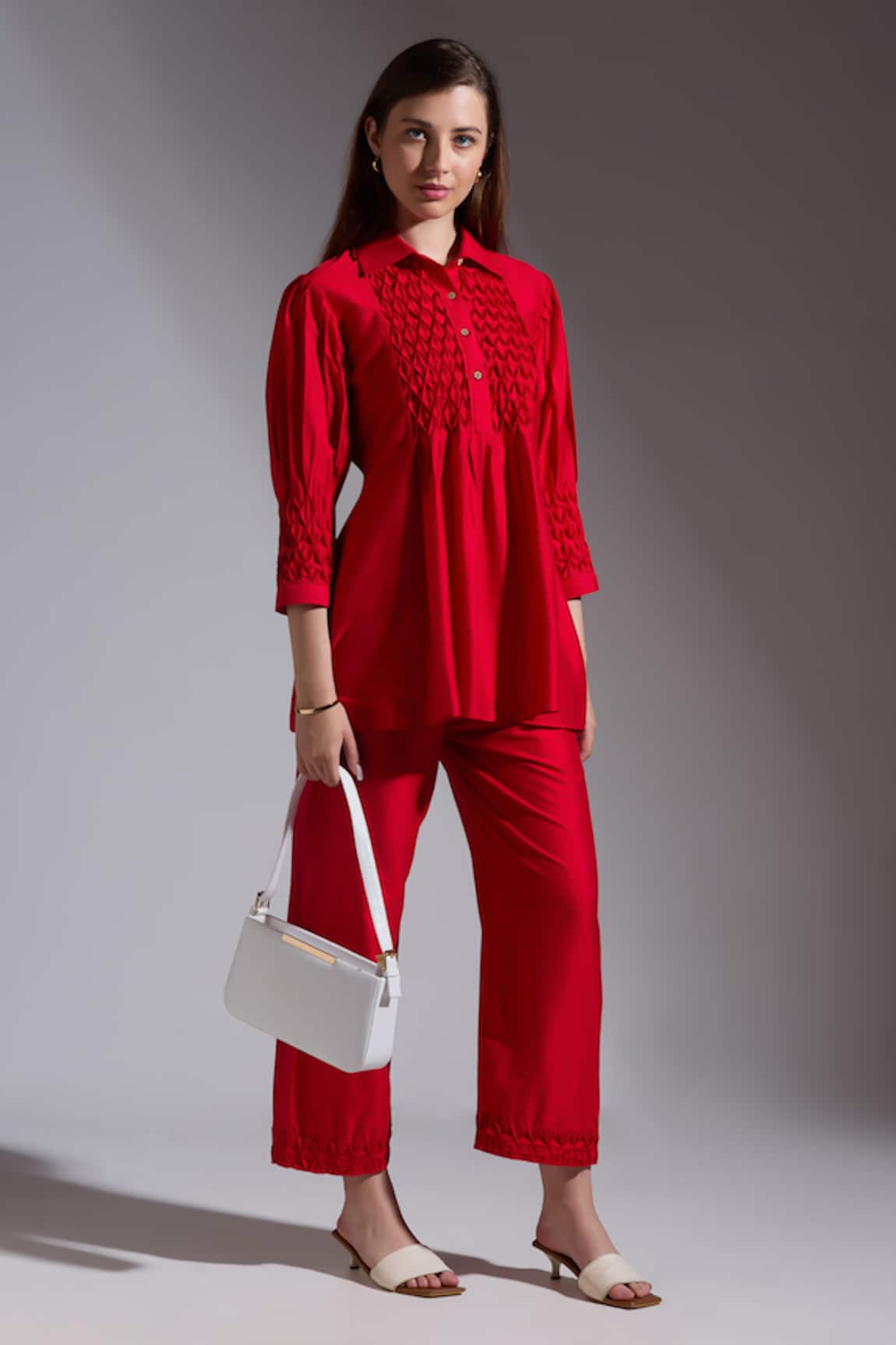 Neha Gursahani Red Smocked Top & Pant Set 