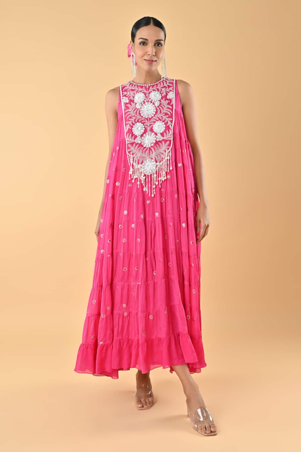 Keith Gomes Embroidered Pink Chiffon Crepe Dress 