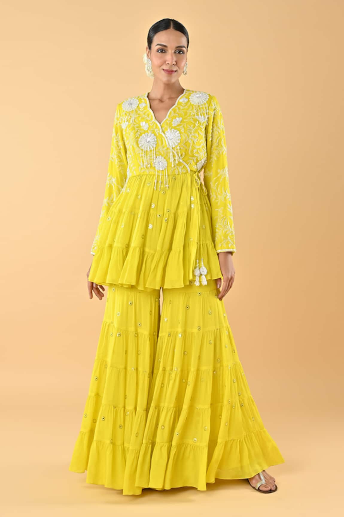 Keith Gomes Yellow Embroidered Peplum Kurta & Gharara Set 