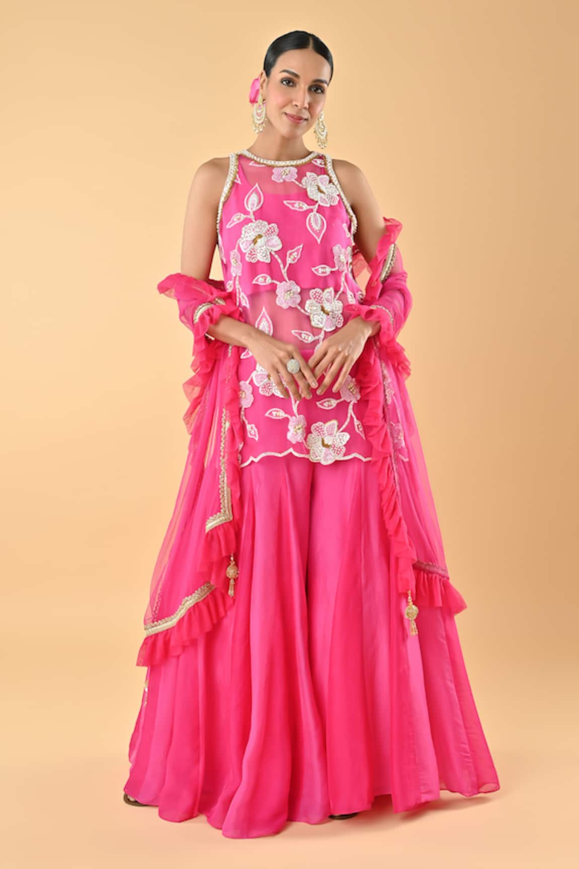 Keith Gomes Designer Pink Silk Organza Tunic Set 