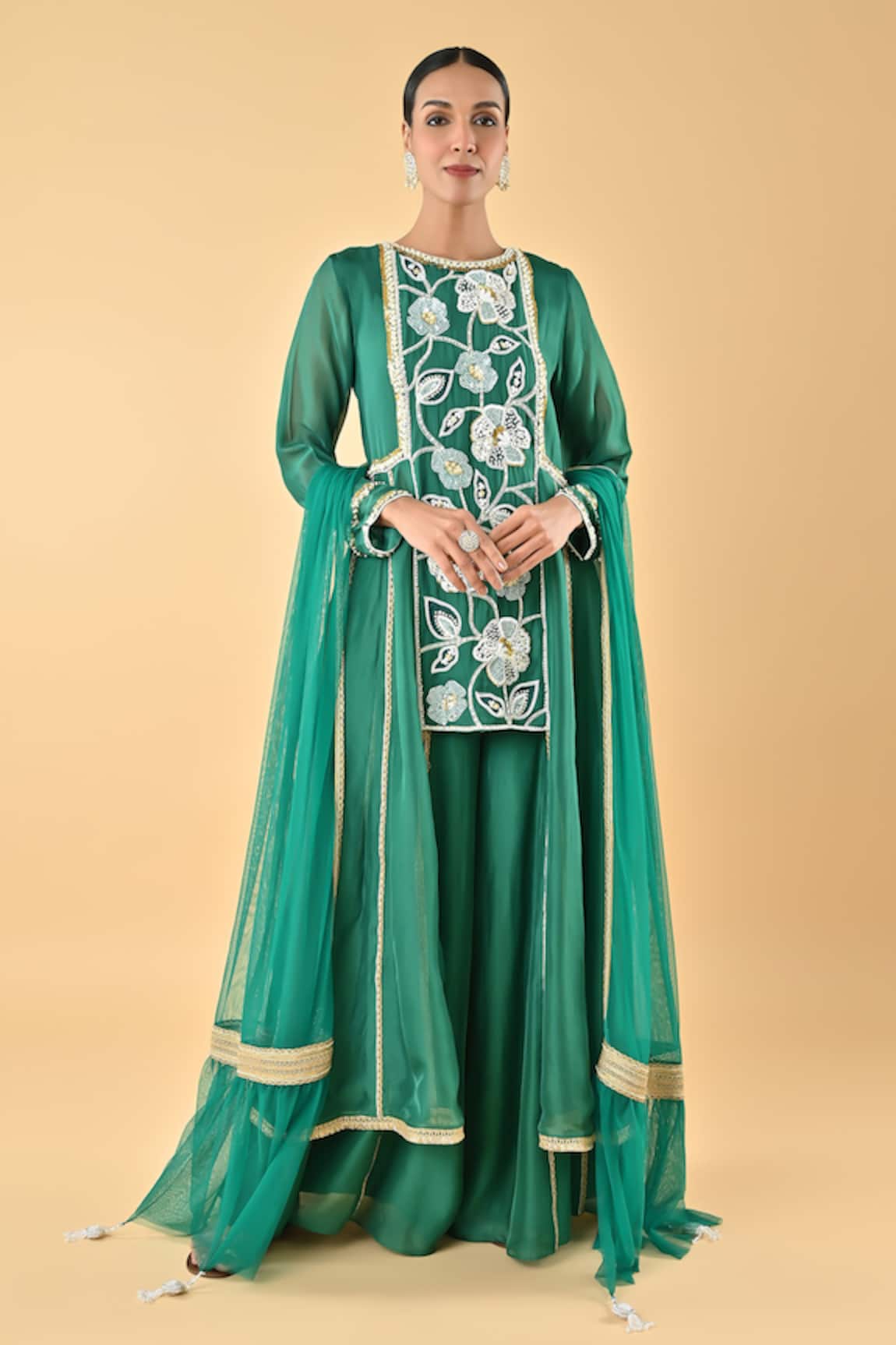 Keith Gomes Embroidered Green Silk Organza Tunic Set 