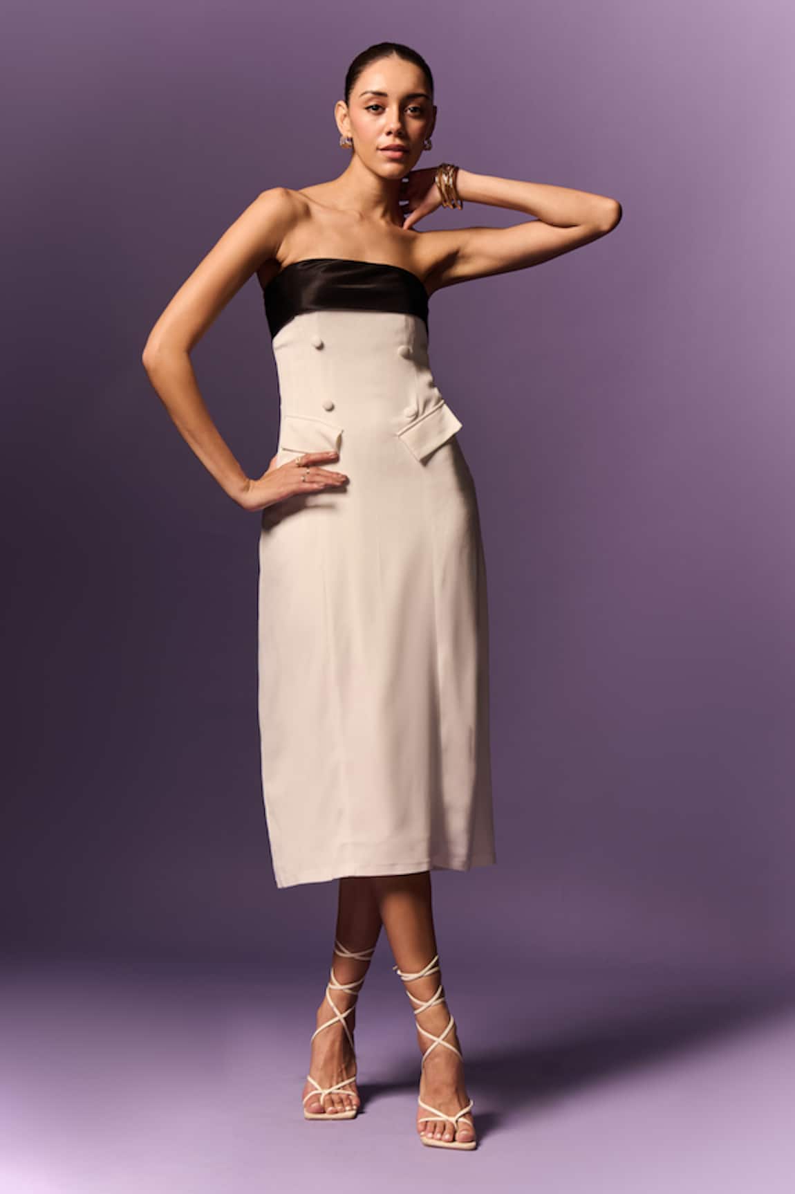 Emblaze White & Black Formal Midi Dress 
