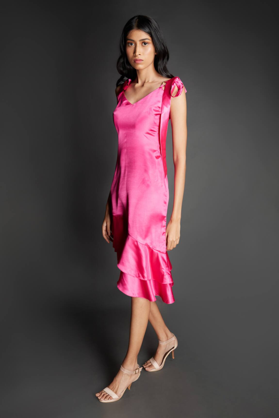 Emblaze Pink Ruffled Dress With Shoulder Tie-Up 