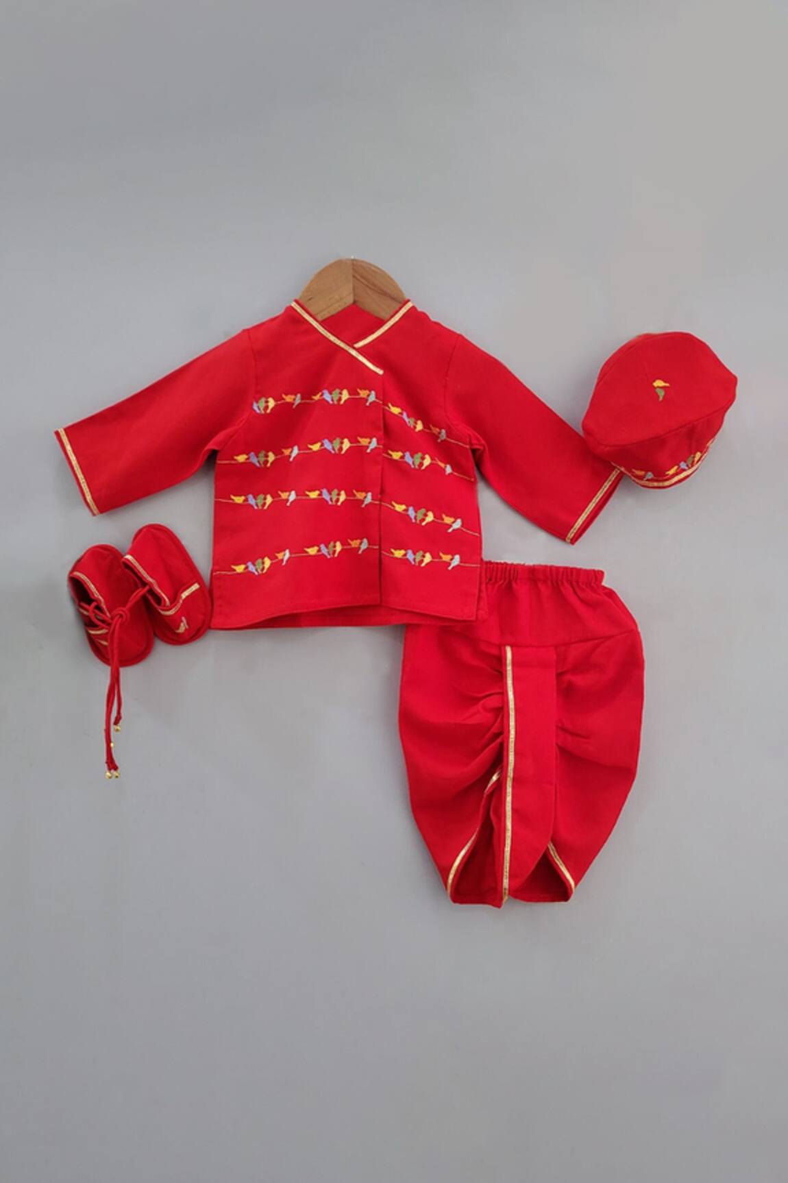 LITTLE BRATS Red Bird Embroidery Kurta Dhoti Set 