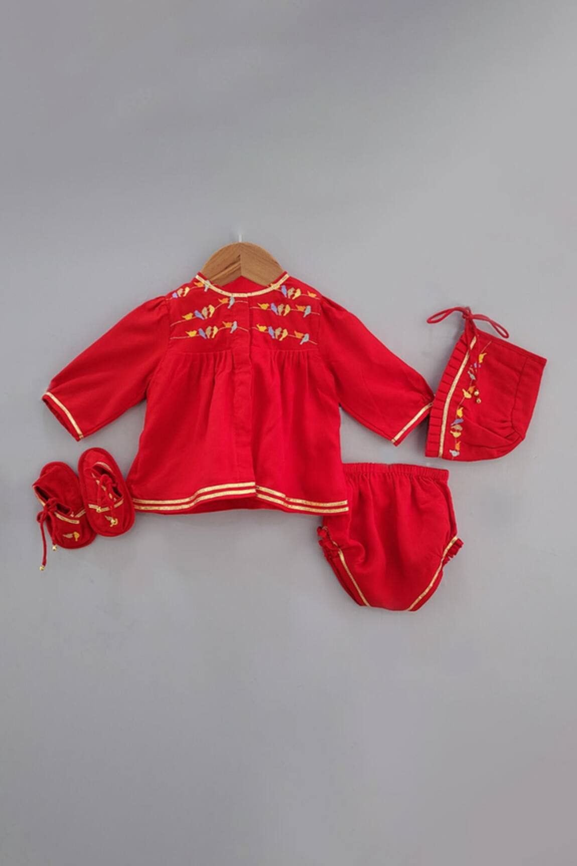 LITTLE BRATS Red Bird Embroidery Jhabla Set 
