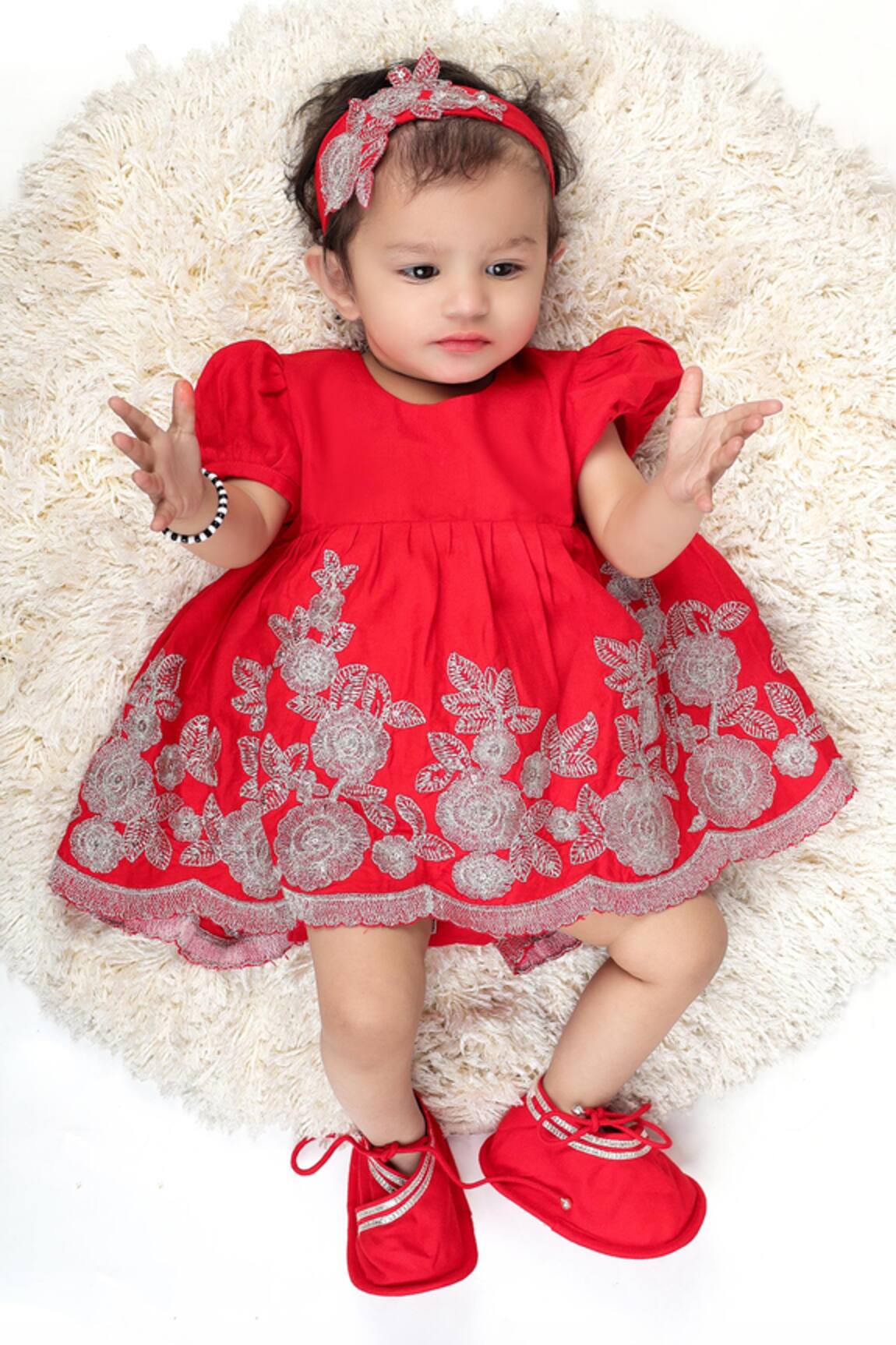 LITTLE BRATS Red Floral Frock Set for Girls 